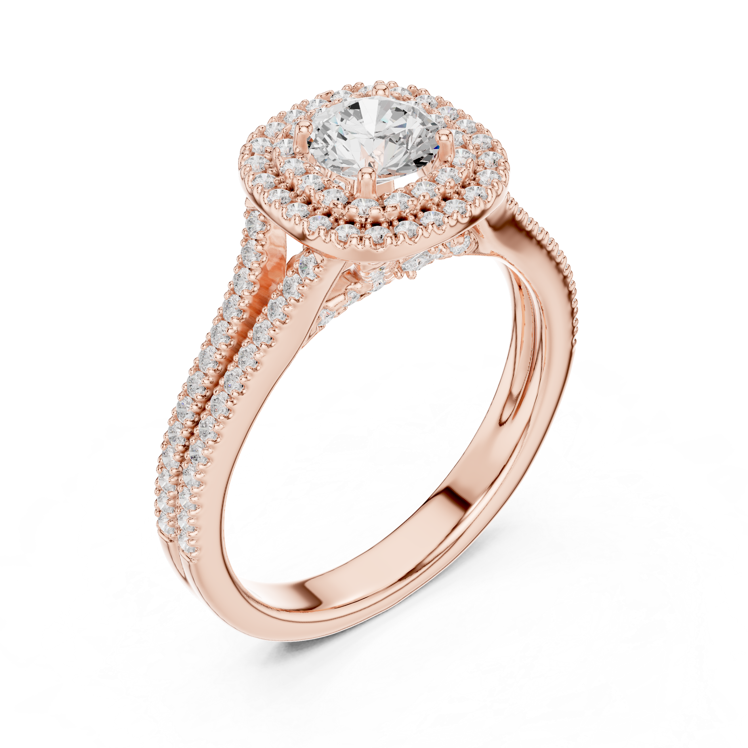 Round Brilliant Diamond Double Halo Split Shank Engagement Ring