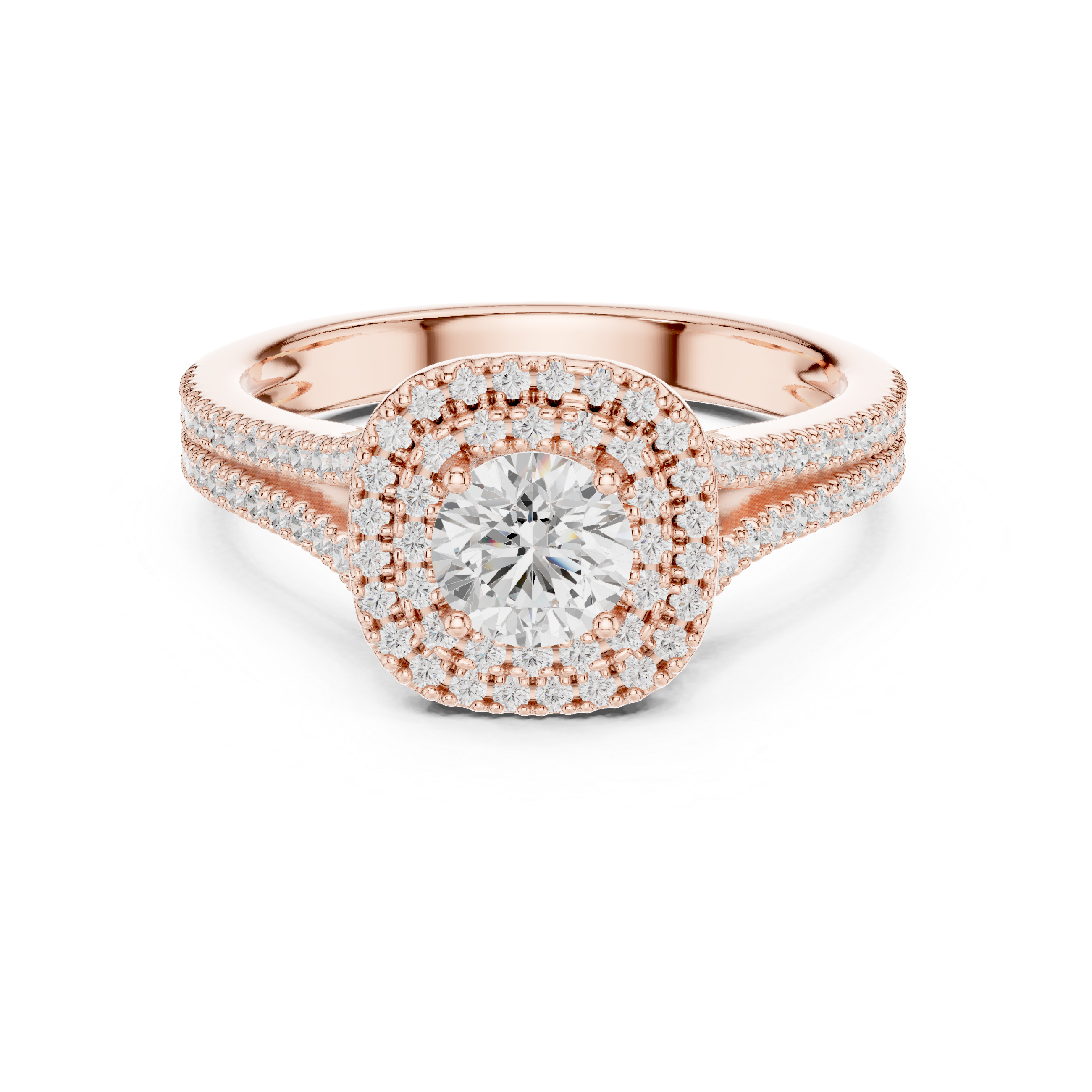 Round Brilliant Diamond Double Halo Split Shank Engagement Ring