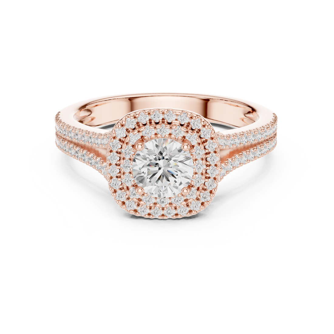 Round Brilliant Diamond Double Halo Split Shank Engagement Ring