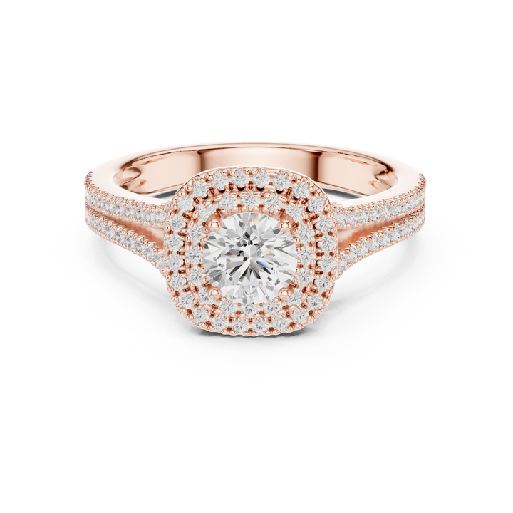 Round Brilliant Diamond Double Halo Split Shank Engagement Ring