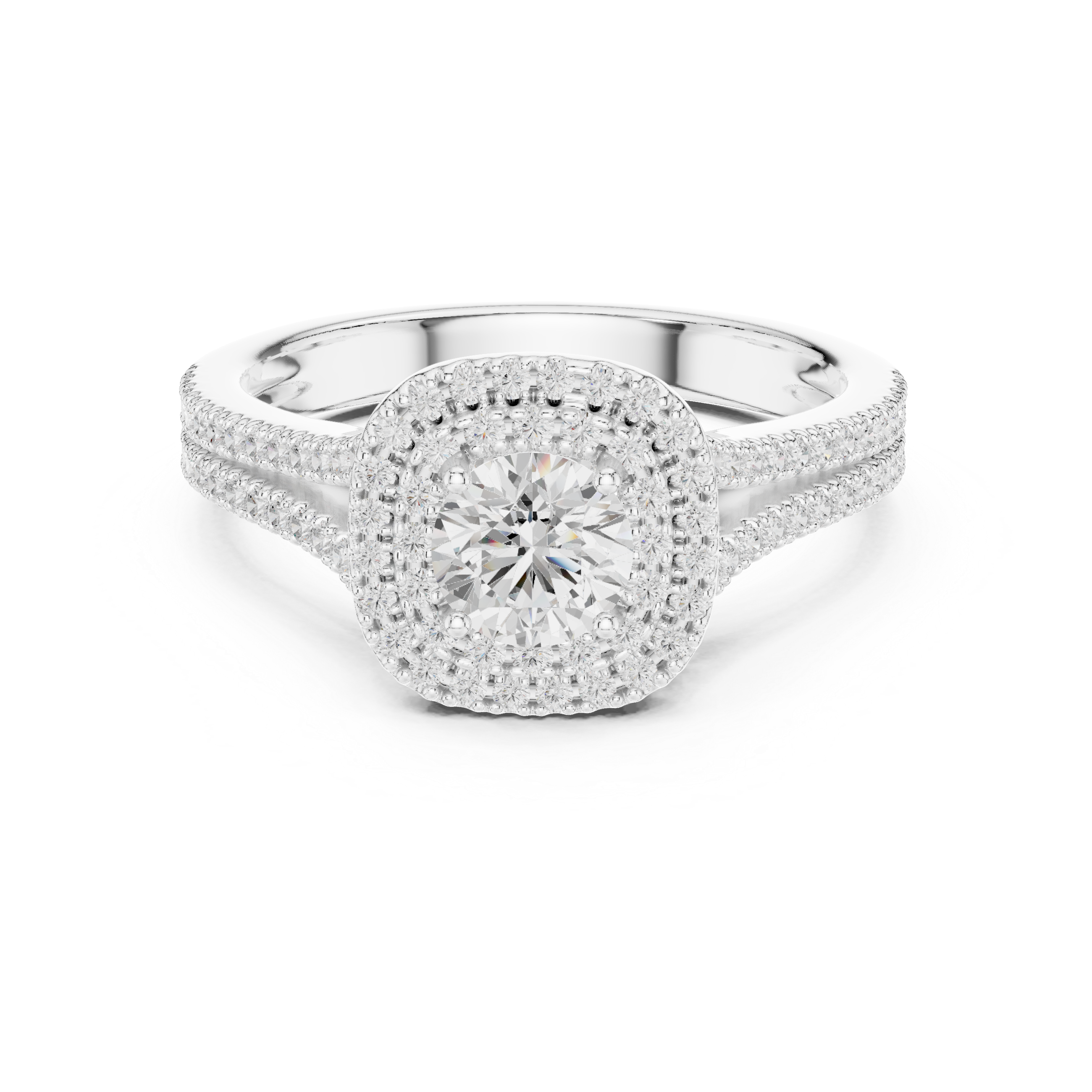 Round Brilliant Diamond Double Halo Split Shank Engagement Ring