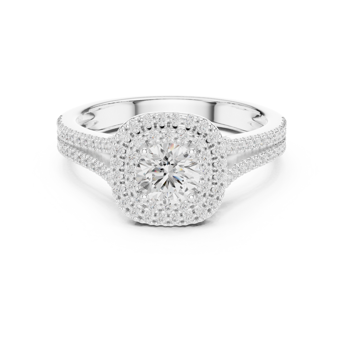 Round Brilliant Diamond Double Halo Split Shank Engagement Ring