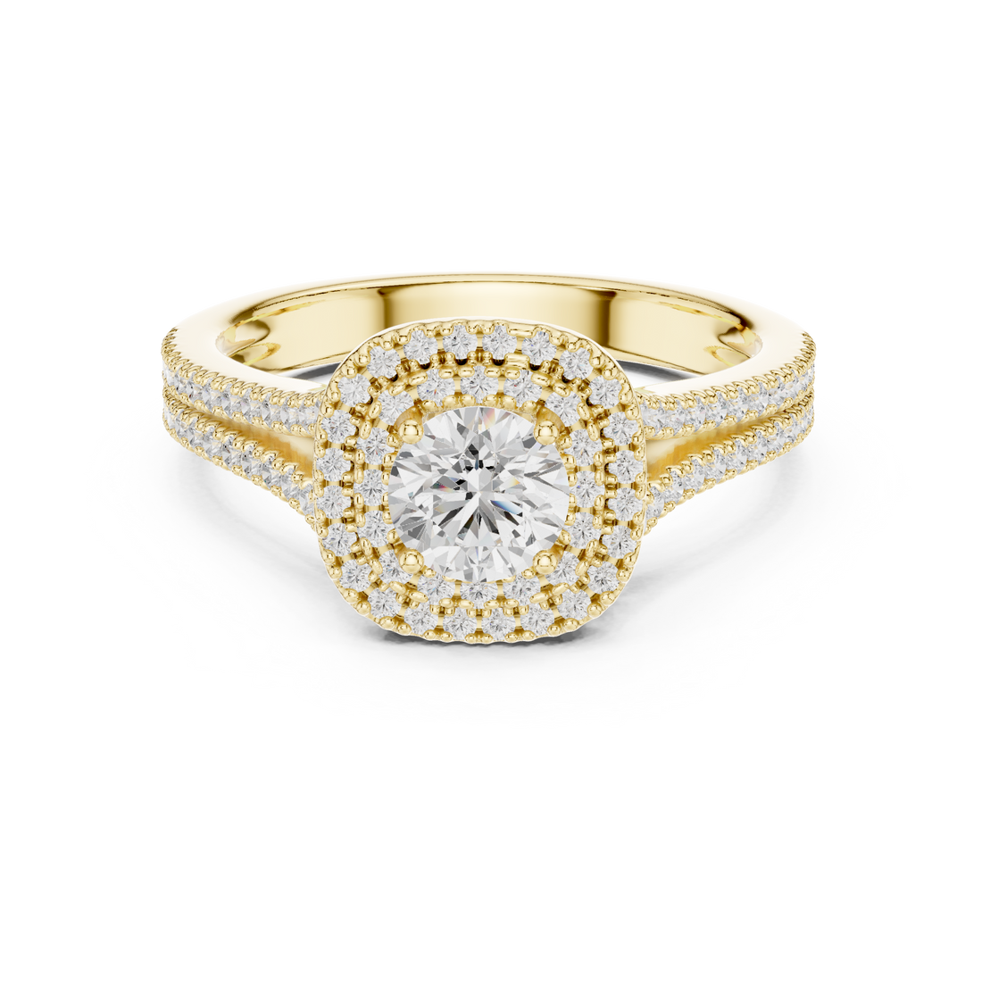 Round Brilliant Diamond Double Halo Split Shank Engagement Ring