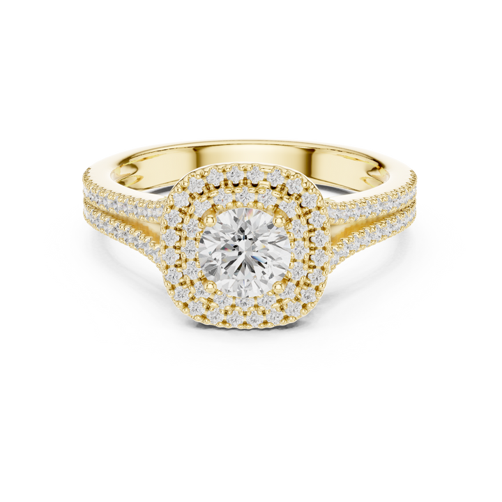 Round Brilliant Diamond Double Halo Split Shank Engagement Ring