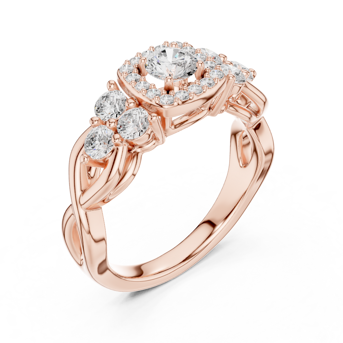 Radiant Round Brilliant Diamond Cluster Halo Side Stone Engagement Ring