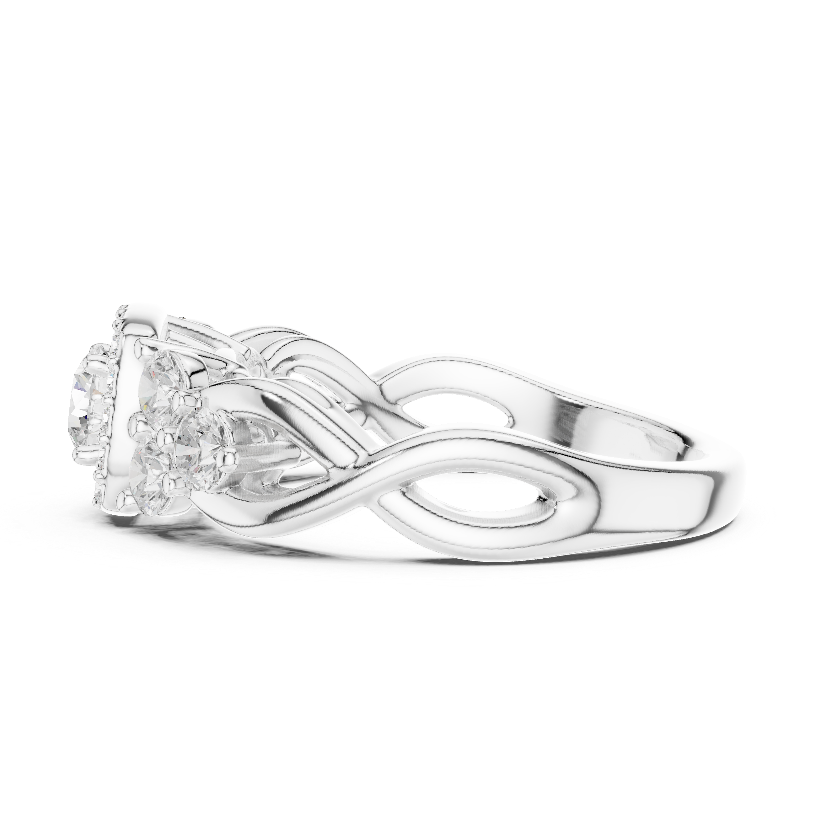 Radiant Round Brilliant Diamond Cluster Halo Side Stone Engagement Ring