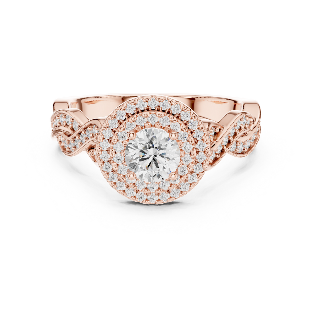 Round Diamond Double Halo Twist Shank Cluster Engagement Ring