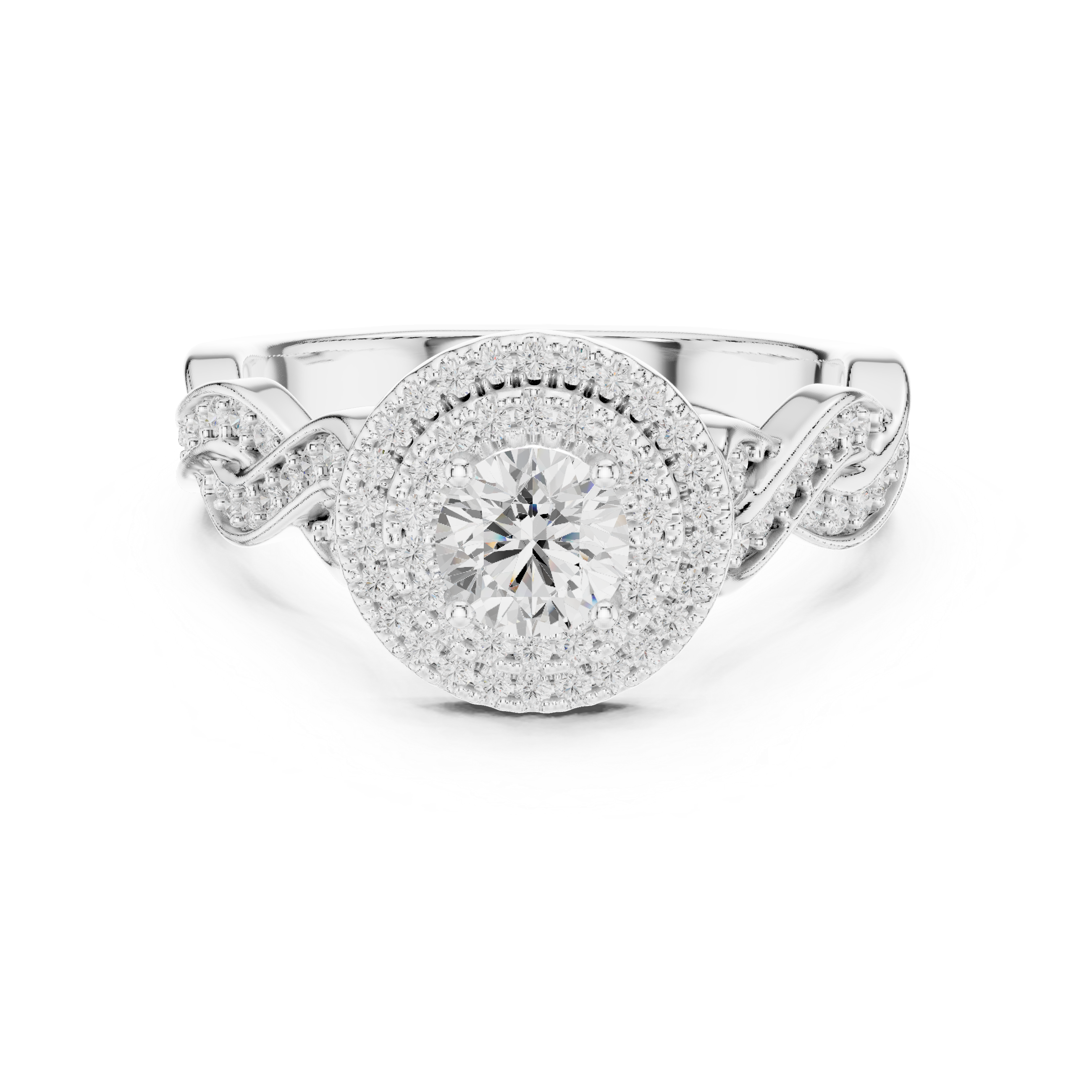 Round Diamond Double Halo Twist Shank Cluster Engagement Ring