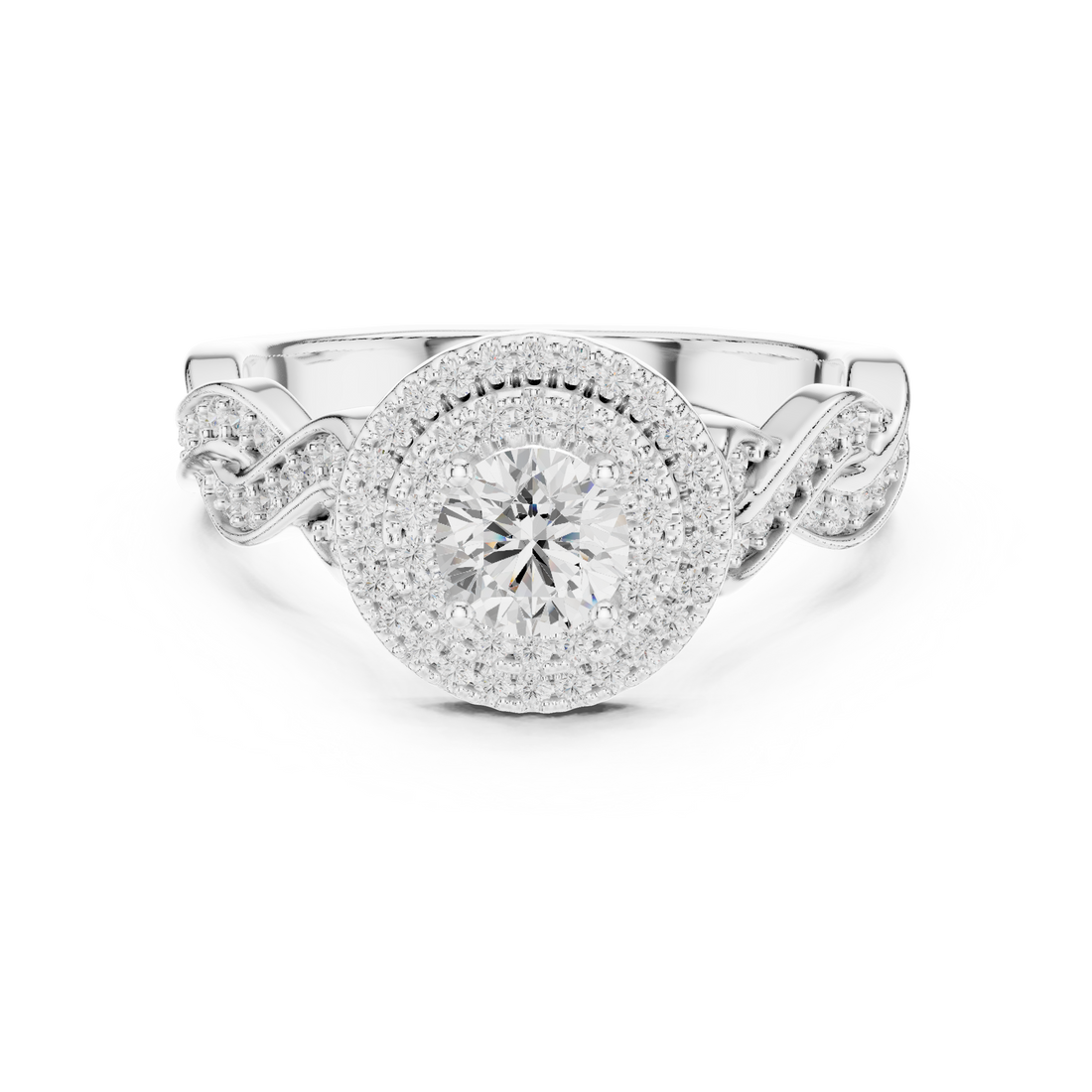 Round Diamond Double Halo Twist Shank Cluster Engagement Ring