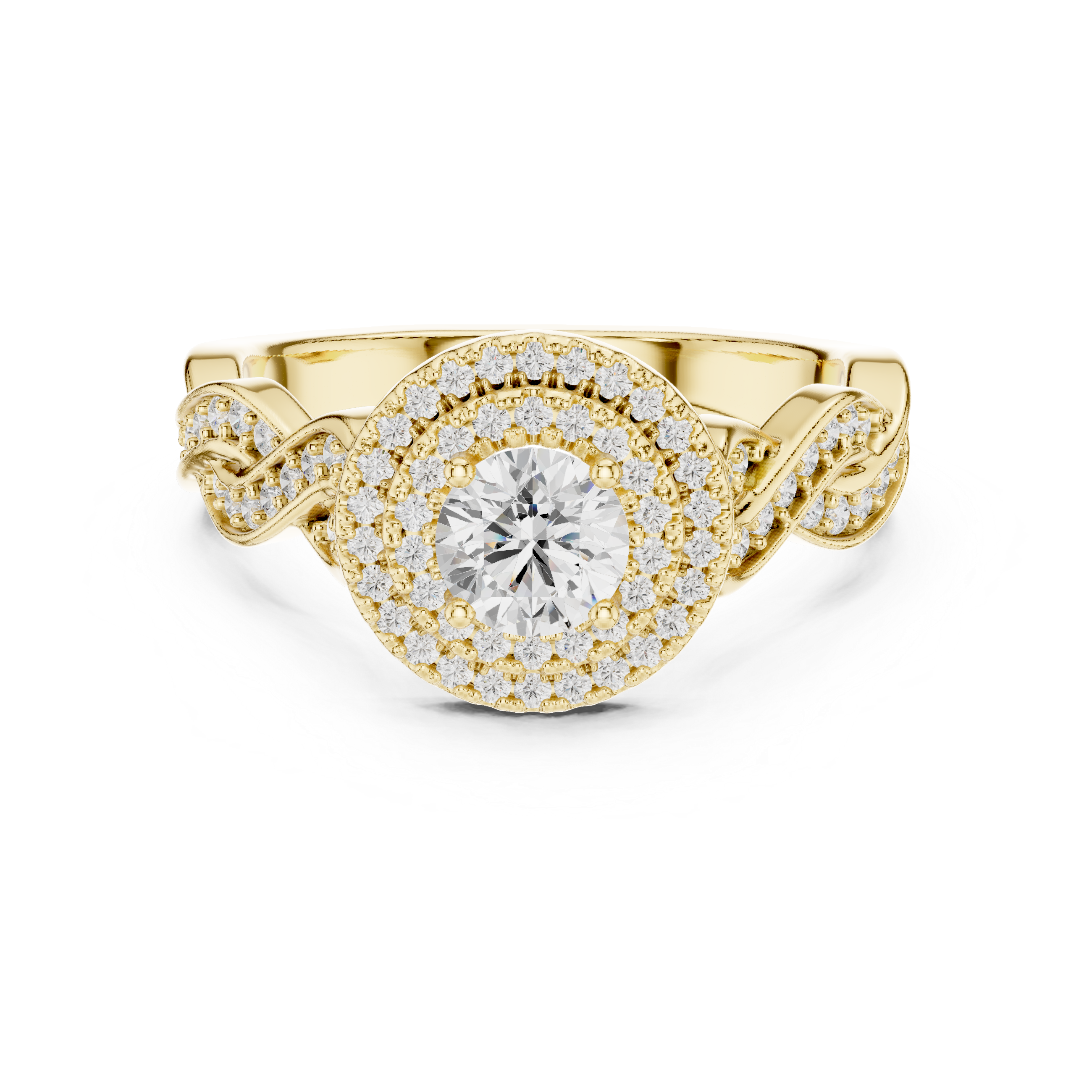 Round Diamond Double Halo Twist Shank Cluster Engagement Ring