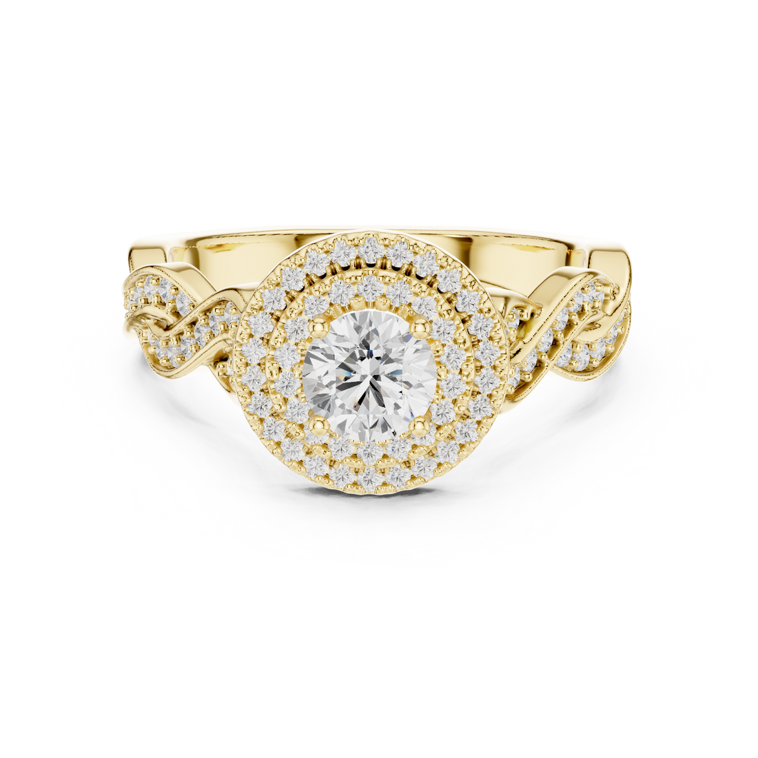 Round Diamond Double Halo Twist Shank Cluster Engagement Ring