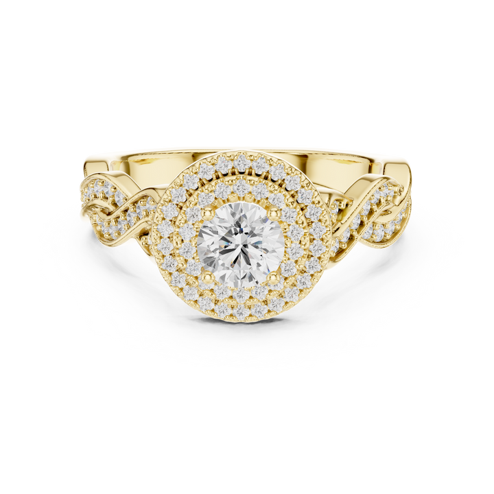 Round Diamond Double Halo Twist Shank Cluster Engagement Ring