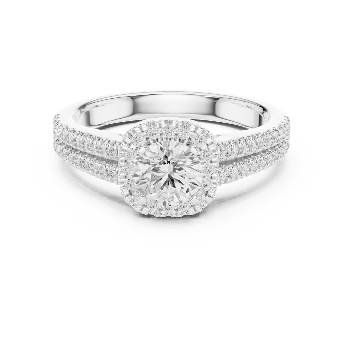 Round Brilliant Diamond Halo Split Shank Engagement Ring