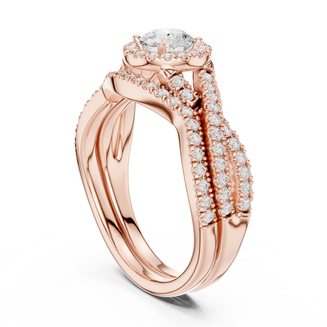 Round Brilliant Diamond Double Halo Split Shank Engagement Ring