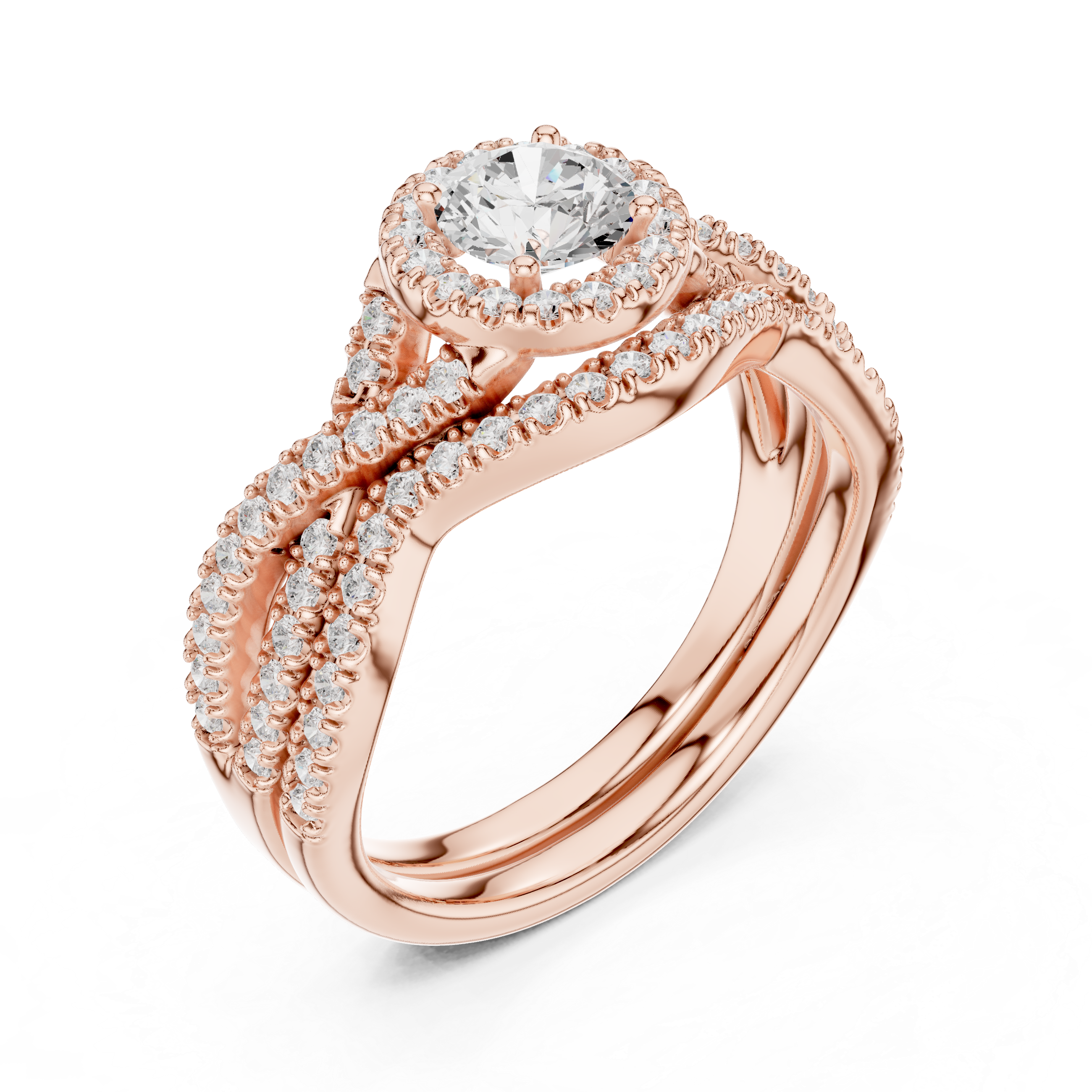 Round Brilliant Diamond Double Halo Split Shank Engagement Ring