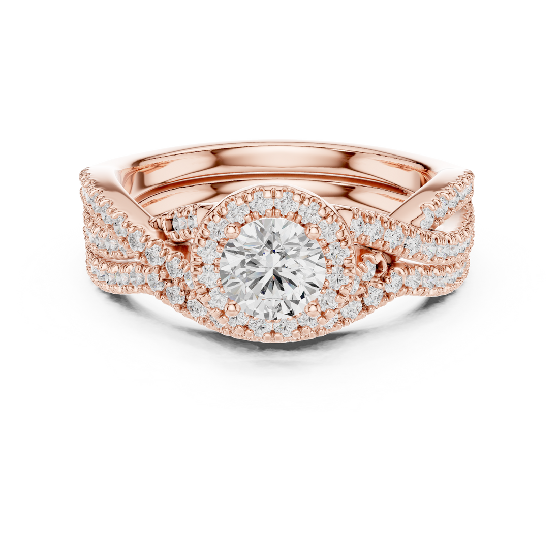 Round Brilliant Diamond Double Halo Split Shank Engagement Ring