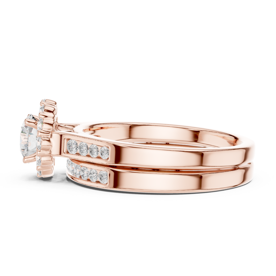 Round Brilliant Diamond Halo Double Row Band Engagement Ring