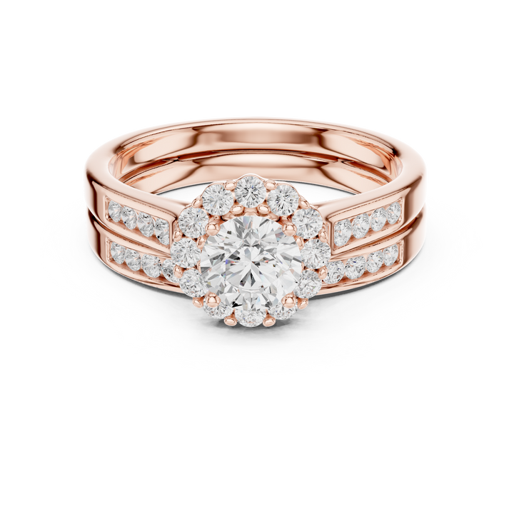 Round Brilliant Diamond Halo Double Row Band Engagement Ring