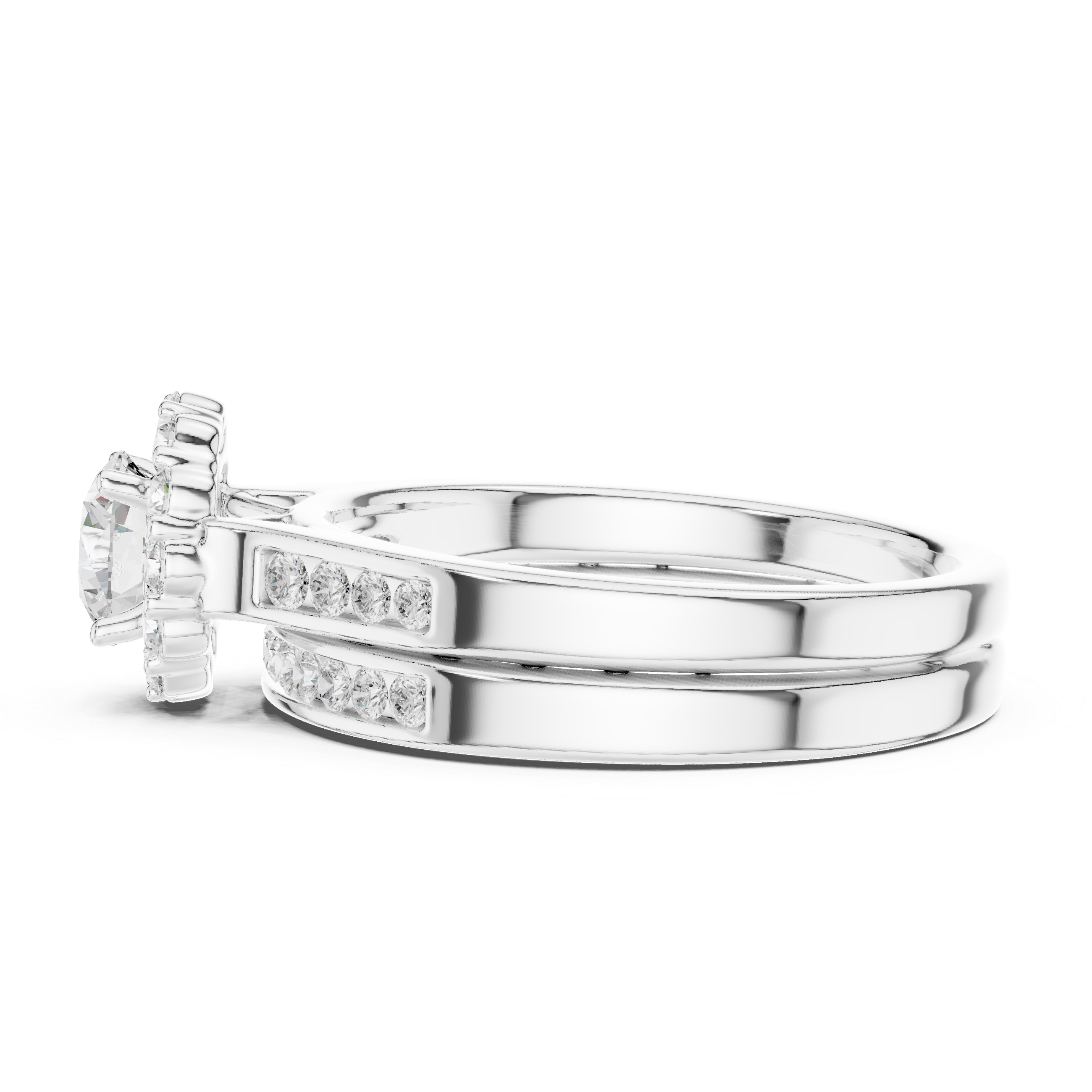 Round Brilliant Diamond Halo Double Row Band Engagement Ring