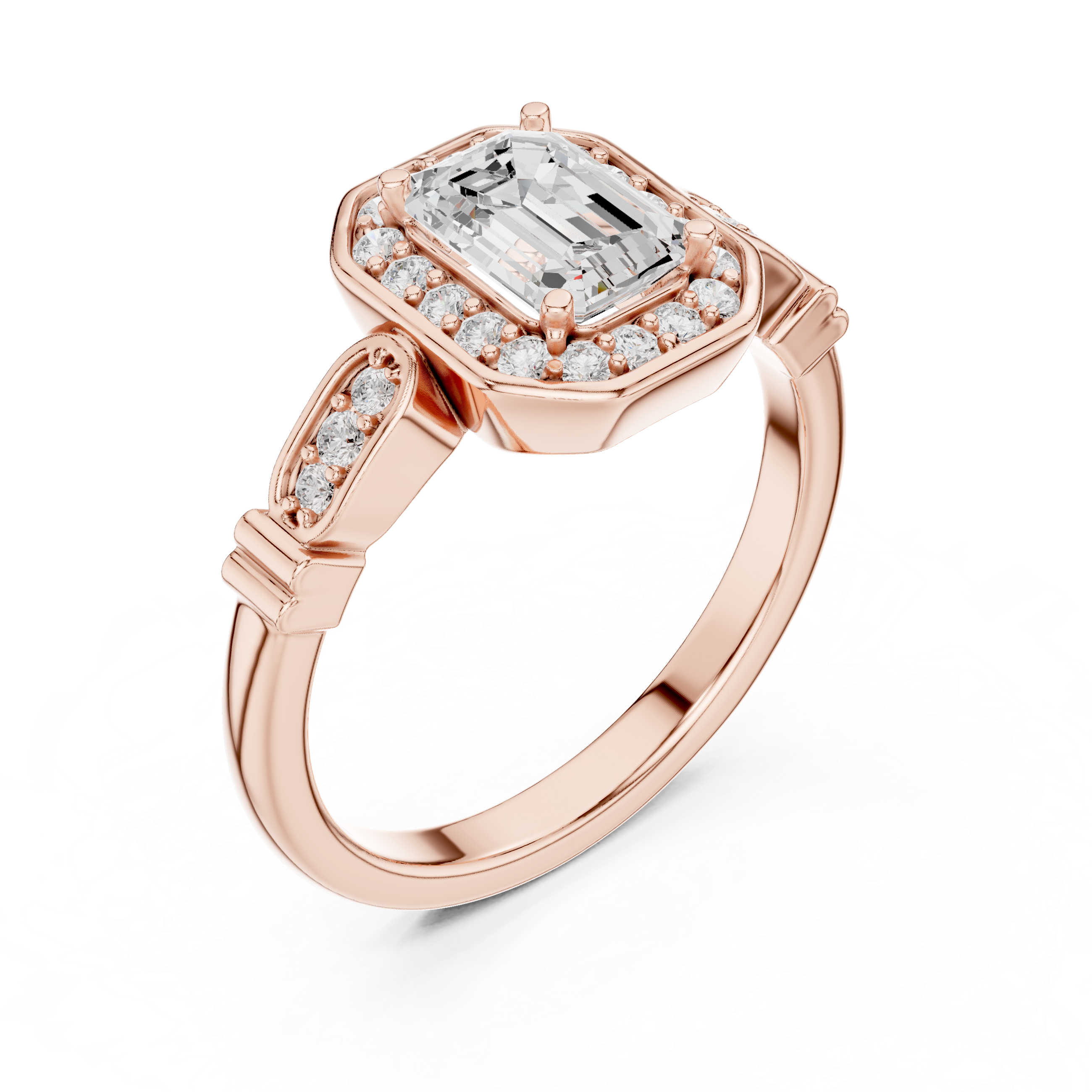 Emerald Cut Diamond Halo Cluster Double Row Band Ring