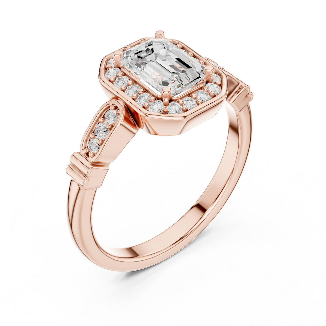 Emerald Cut Diamond Halo Cluster Double Row Band Ring