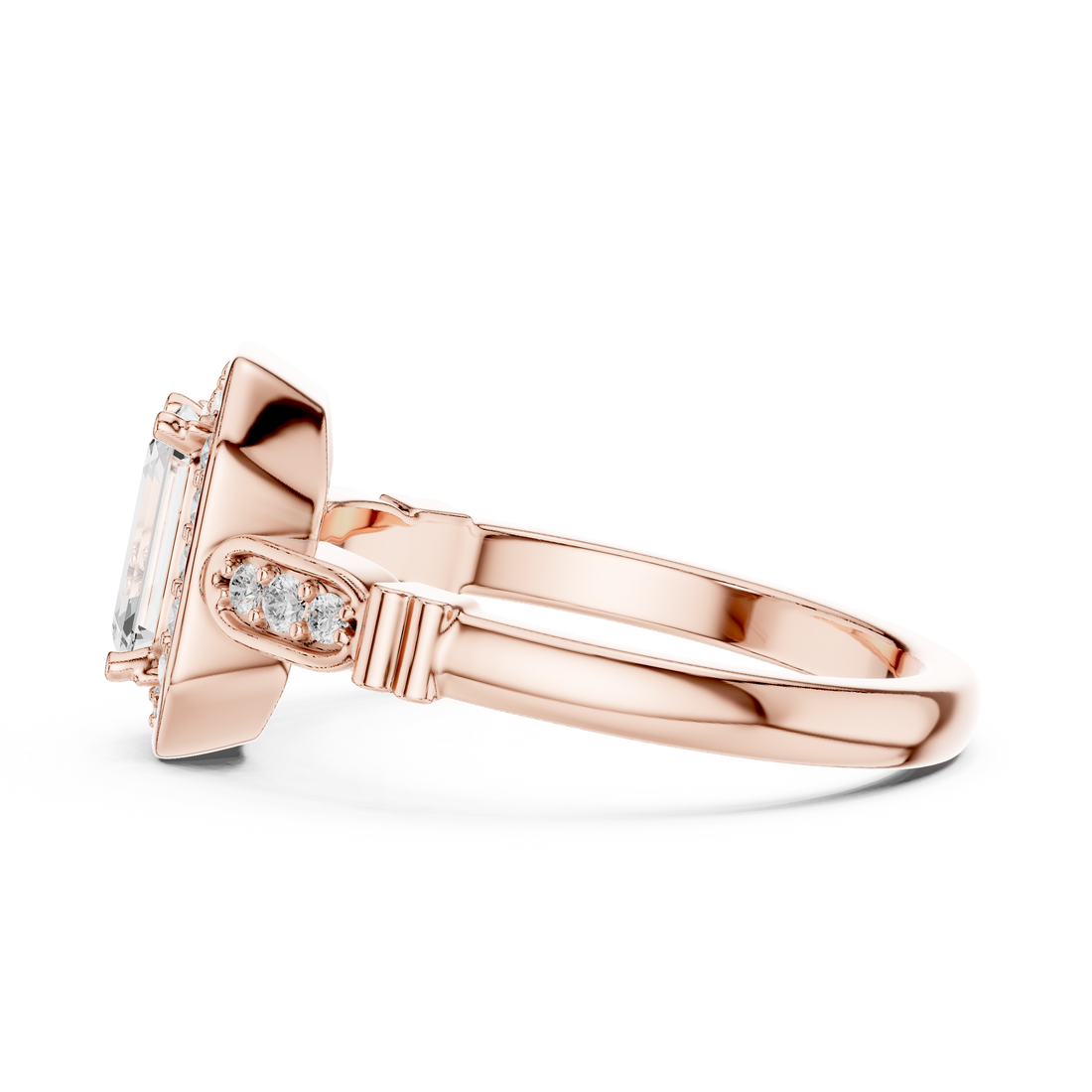 Emerald Cut Diamond Halo Cluster Double Row Band Ring