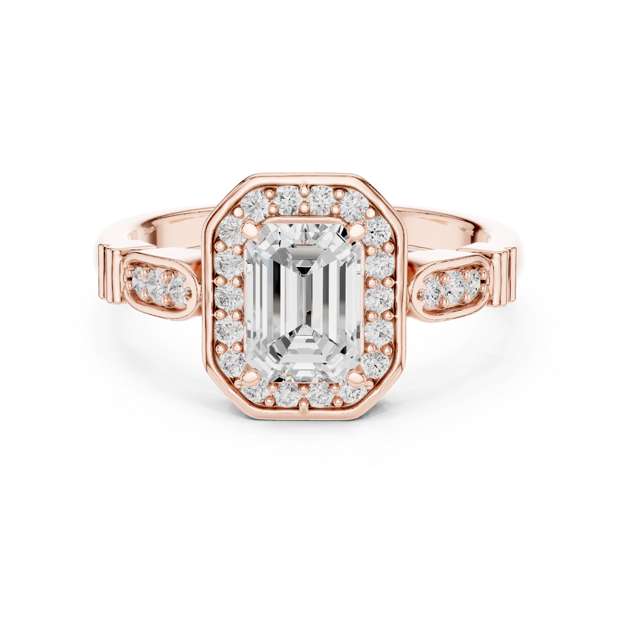 Emerald Cut Diamond Halo Cluster Double Row Band Ring
