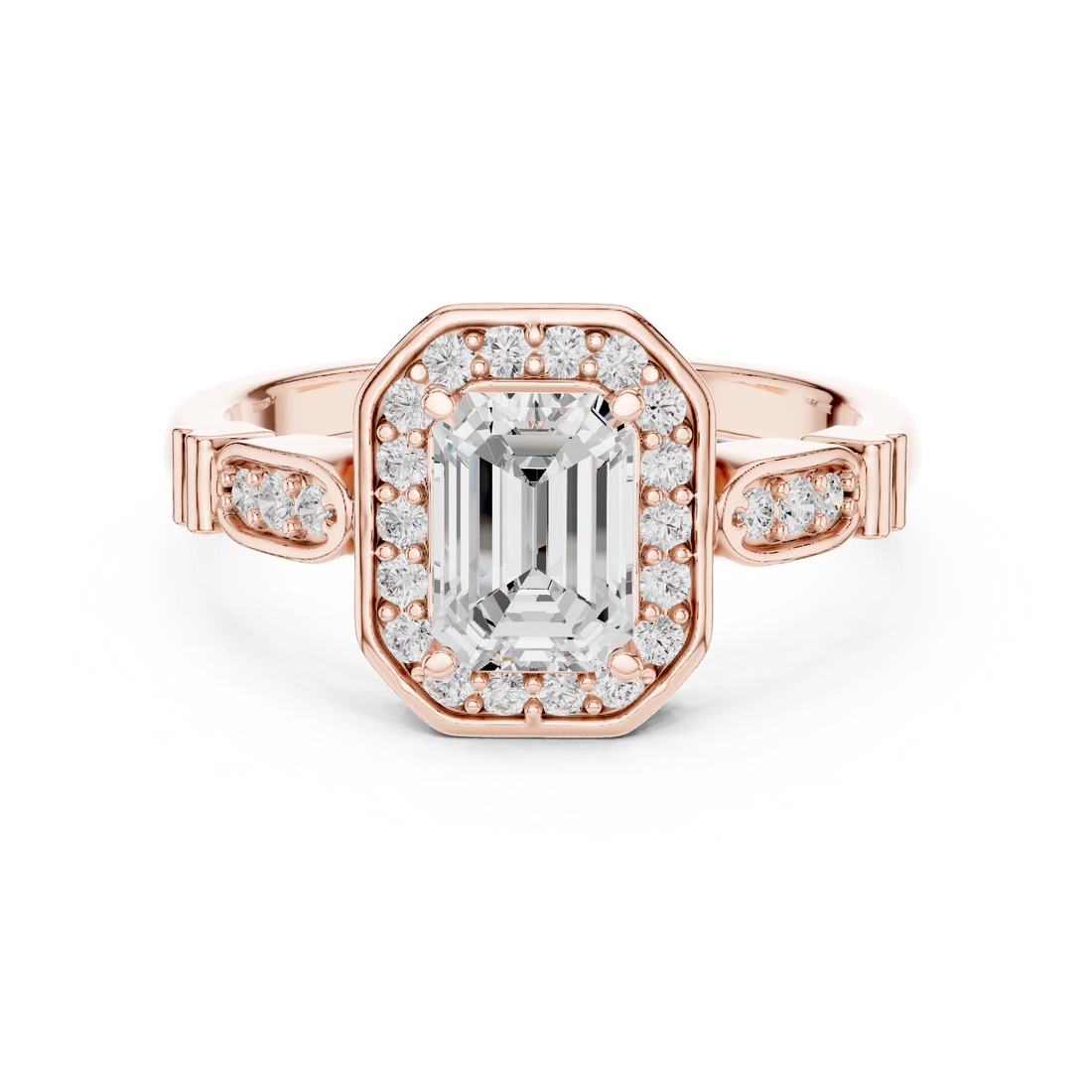 Emerald Cut Diamond Halo Cluster Double Row Band Ring