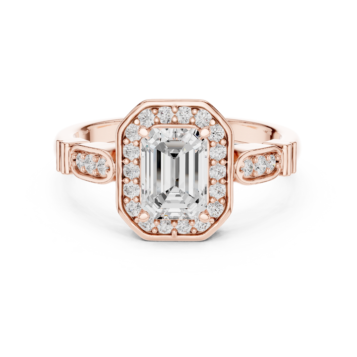 Emerald Cut Diamond Halo Cluster Double Row Band Ring