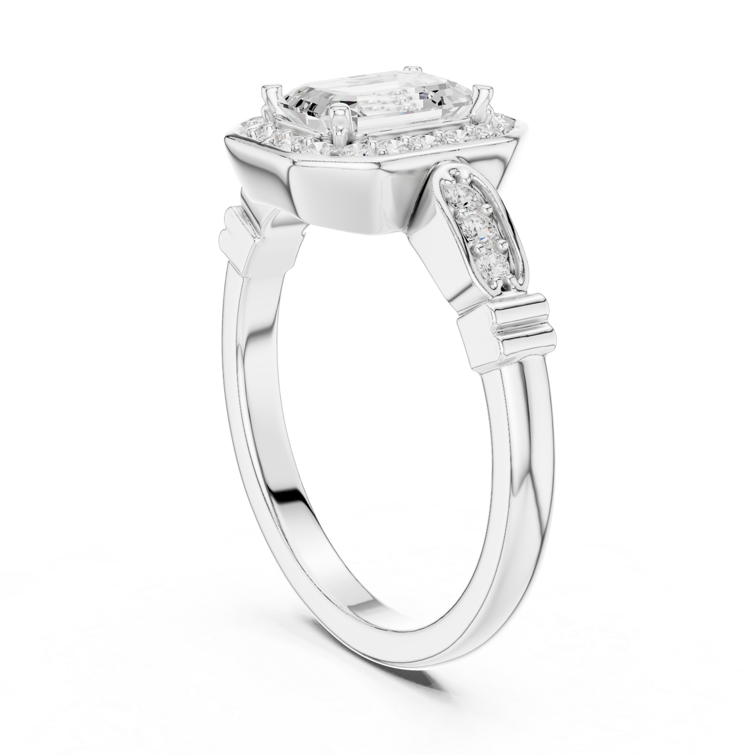 Emerald Cut Diamond Halo Cluster Double Row Band Ring