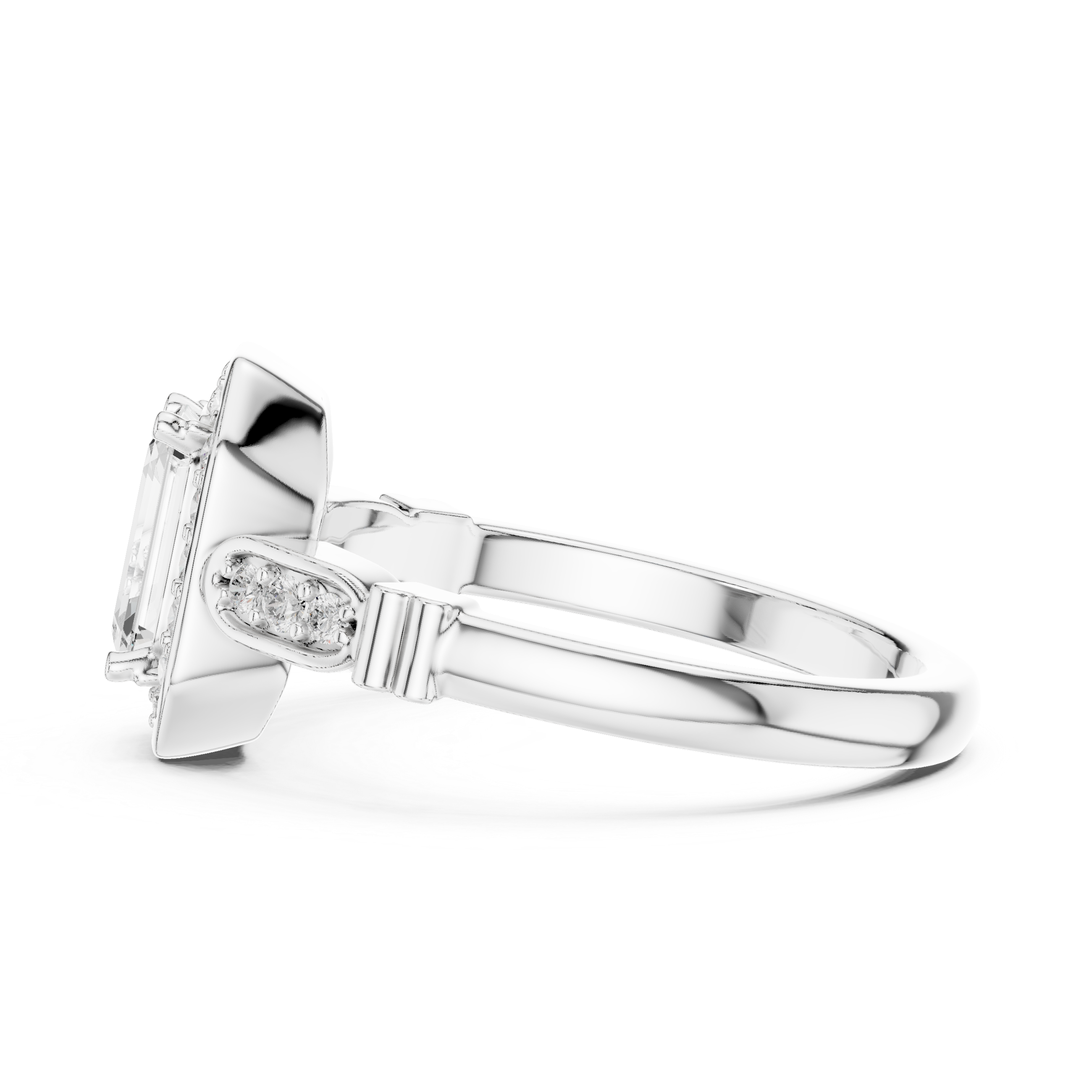 Emerald Cut Diamond Halo Cluster Double Row Band Ring