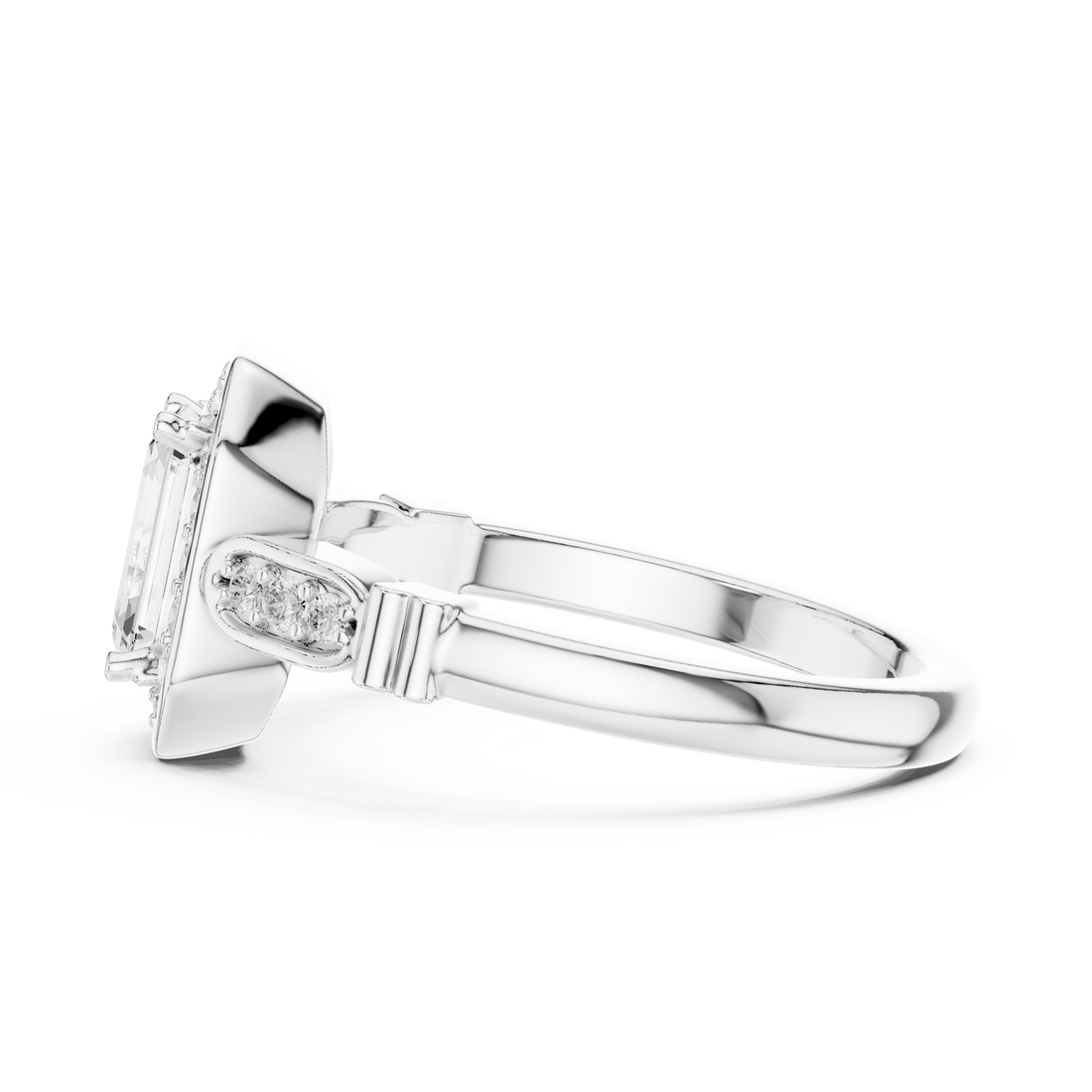 Emerald Cut Diamond Halo Cluster Double Row Band Ring