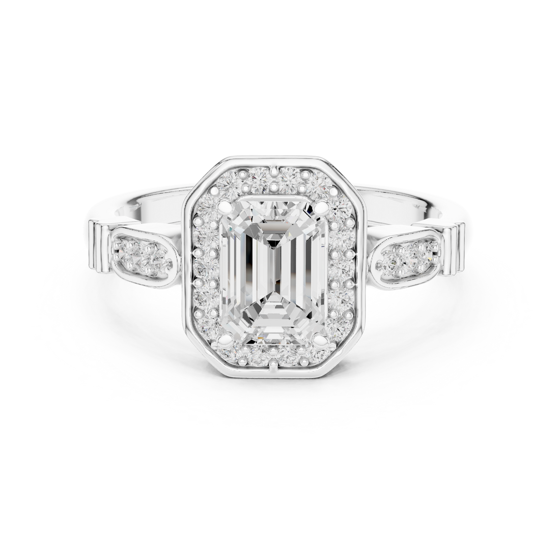 Emerald Cut Diamond Halo Cluster Double Row Band Ring