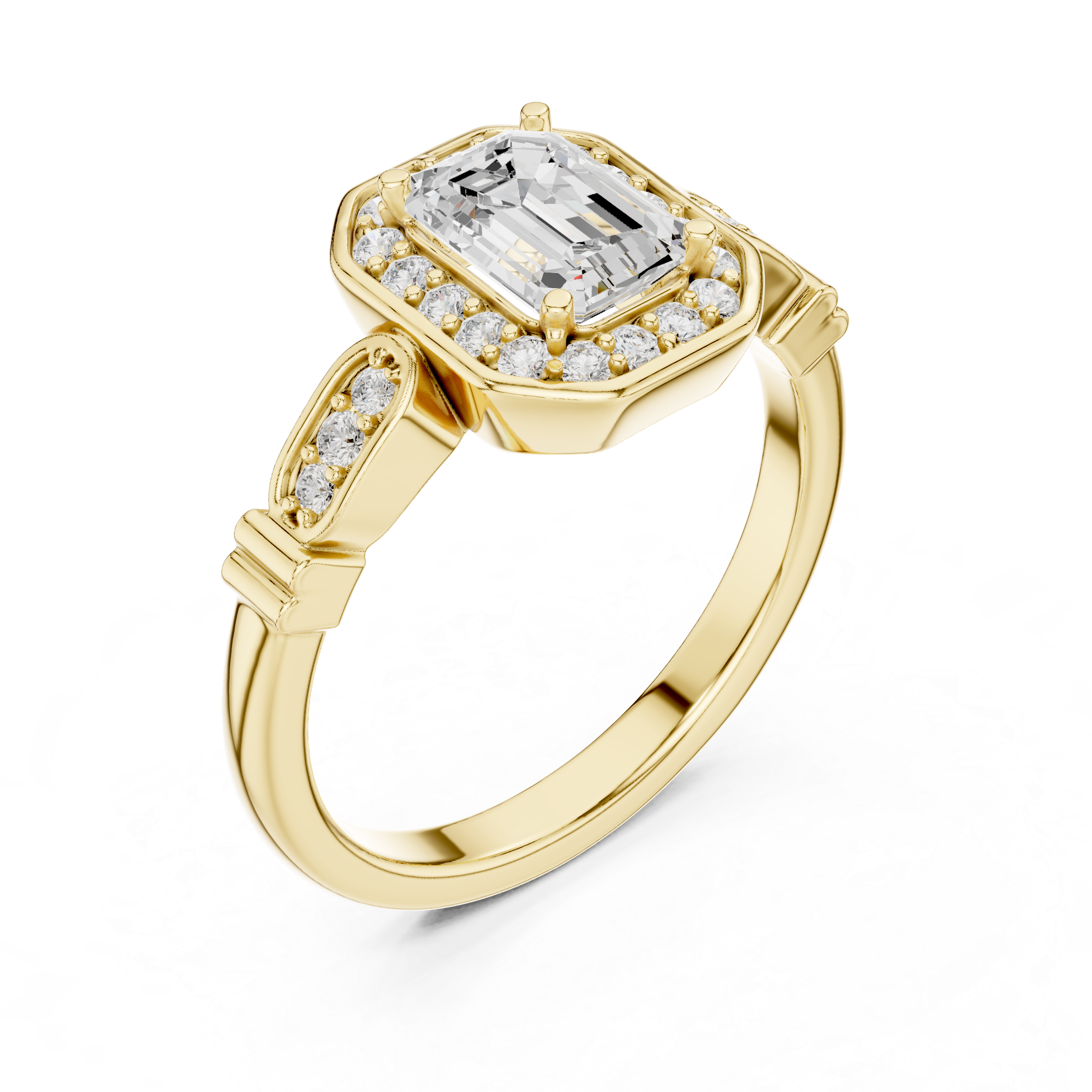 Emerald Cut Diamond Halo Cluster Double Row Band Ring