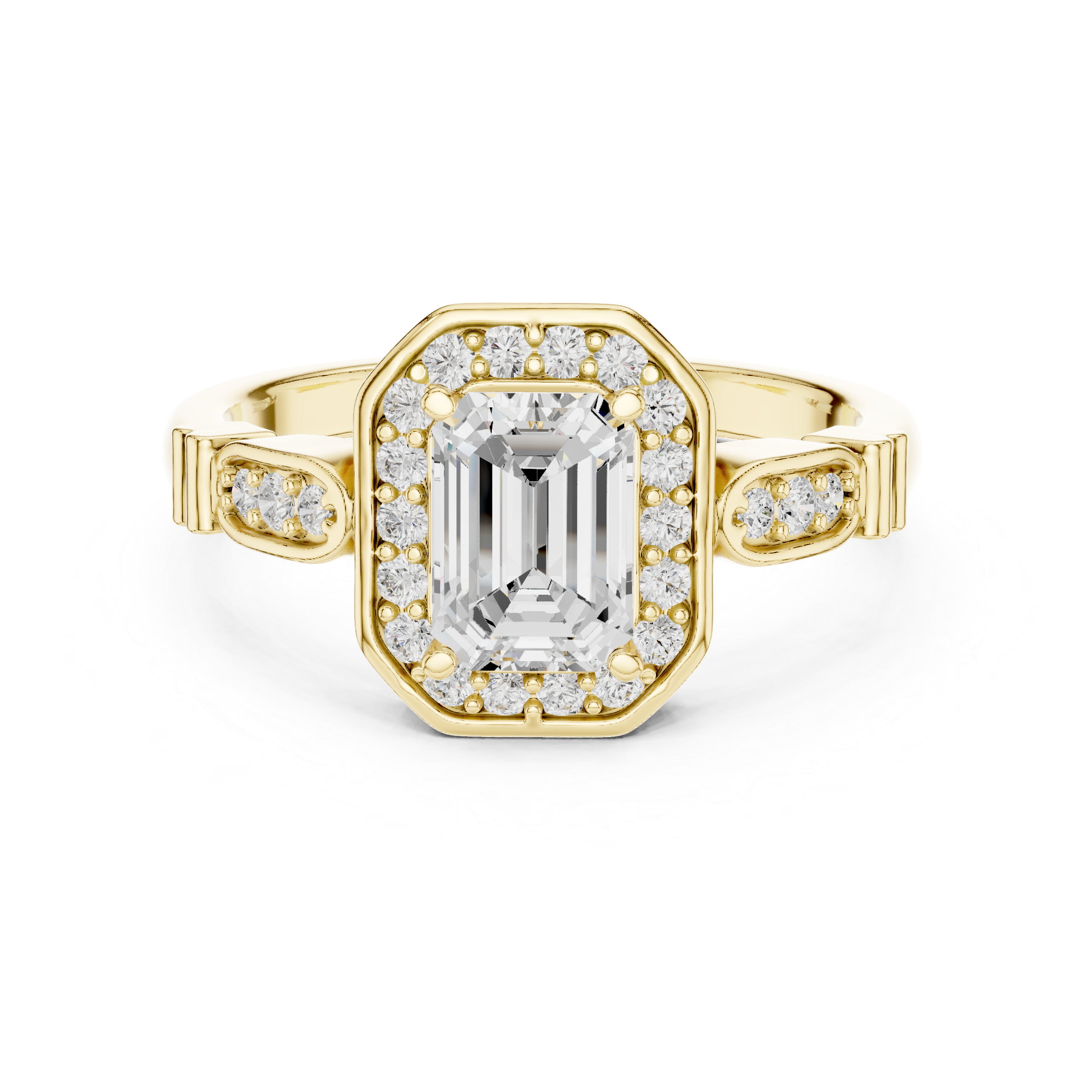 Emerald Cut Diamond Halo Cluster Double Row Band Ring