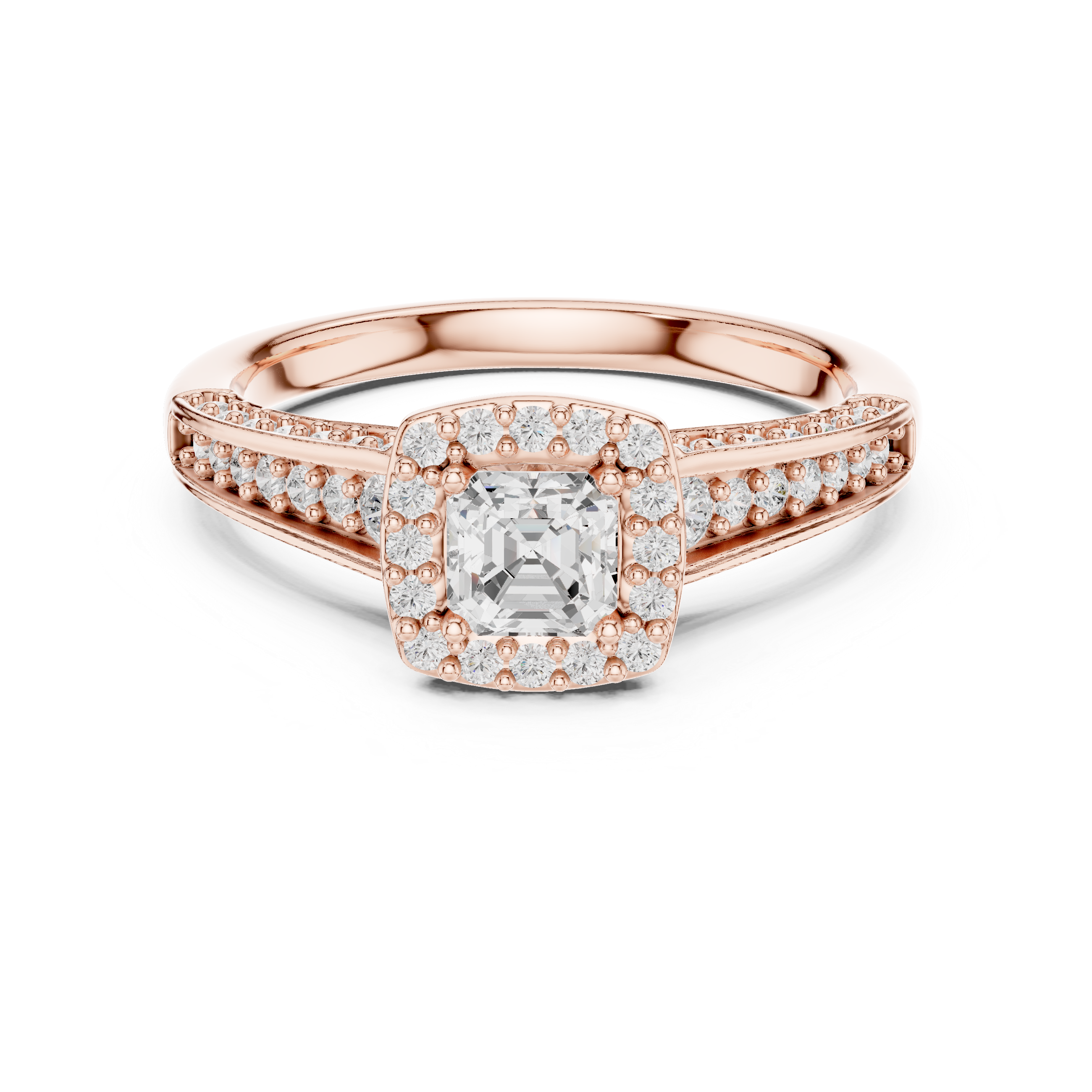 Emerald Cut Diamond Halo Pave Split Shank Engagement Ring with Brilliant Side Stones