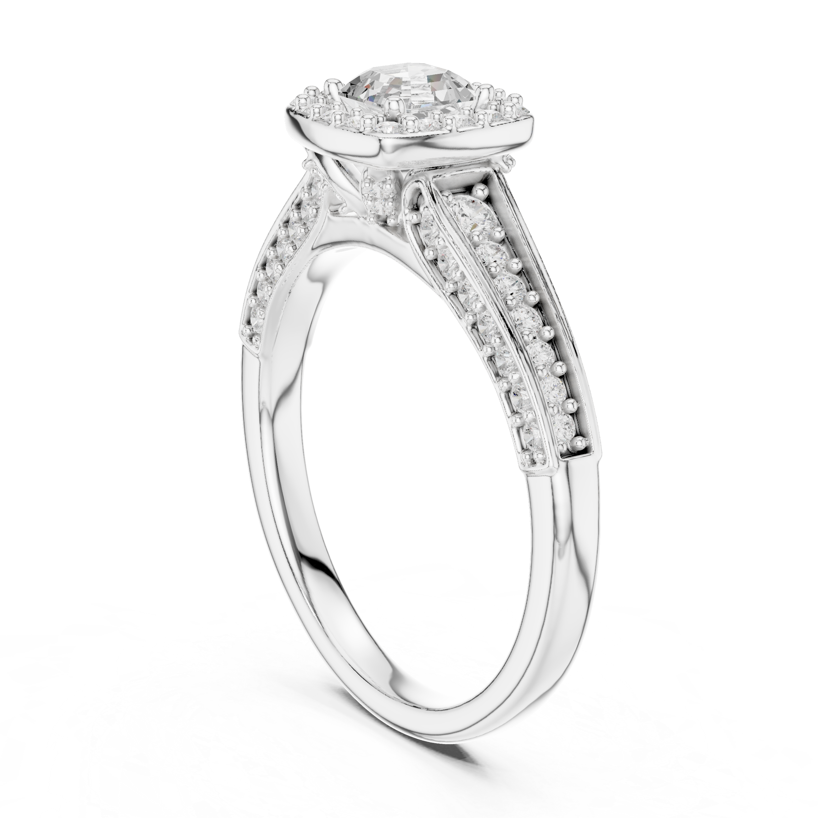 Emerald Cut Diamond Halo Pave Split Shank Engagement Ring with Brilliant Side Stones