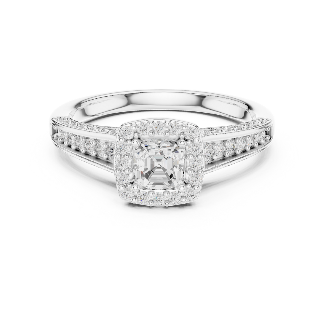 Emerald Cut Diamond Halo Pave Split Shank Engagement Ring with Brilliant Side Stones