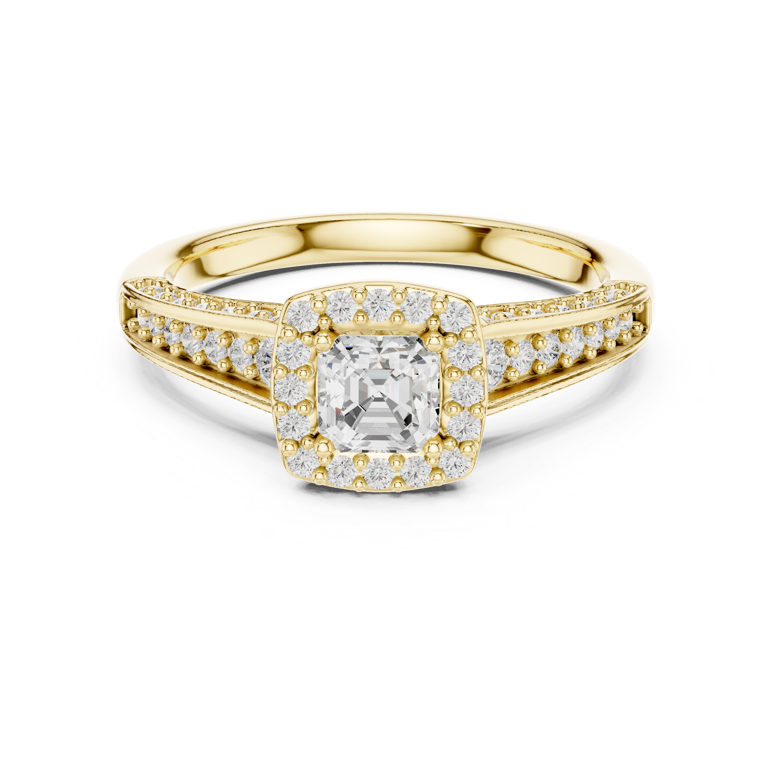 Emerald Cut Diamond Halo Pave Split Shank Engagement Ring with Brilliant Side Stones