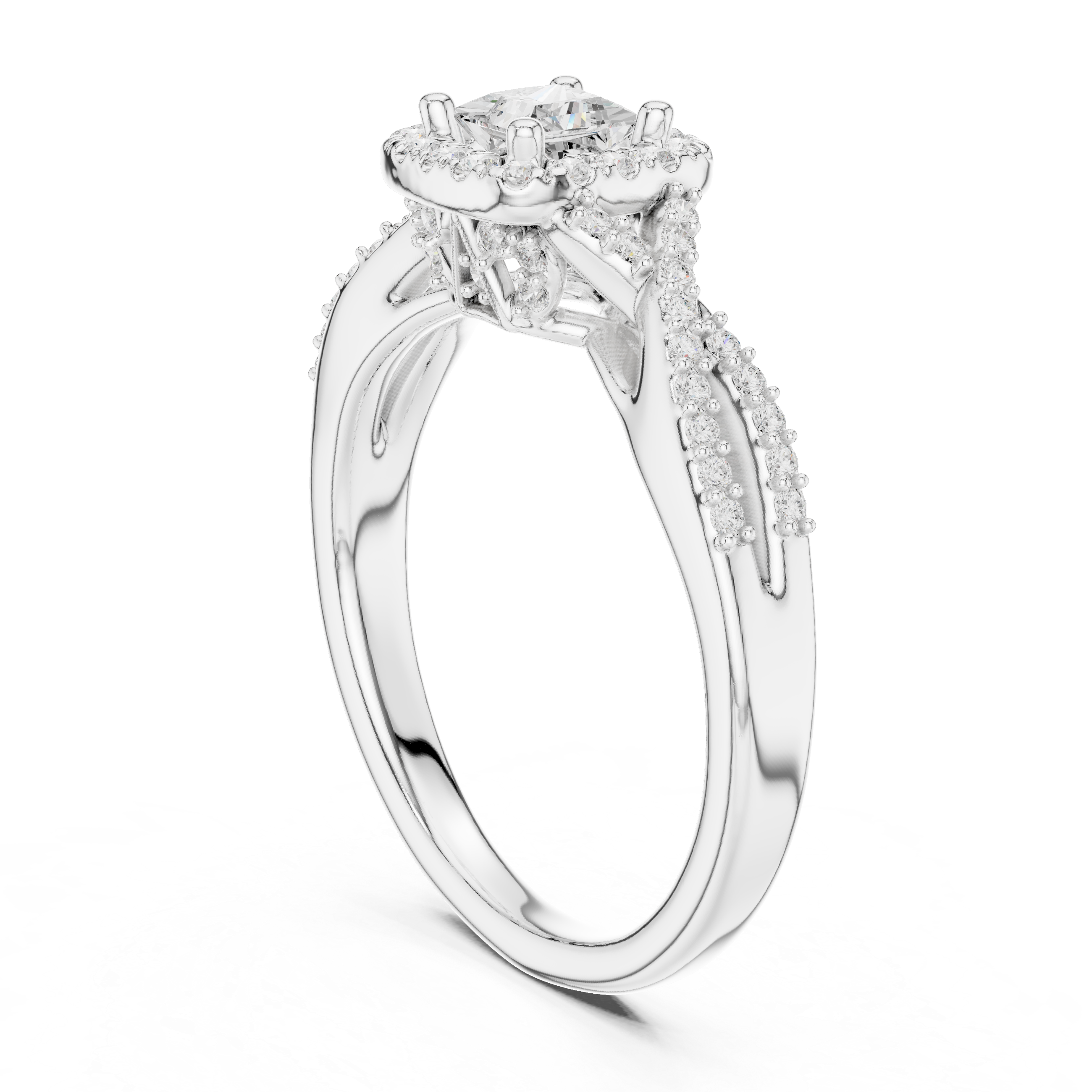 Princess Cut Diamond Halo Engagement Ring with Pavé Split Shank