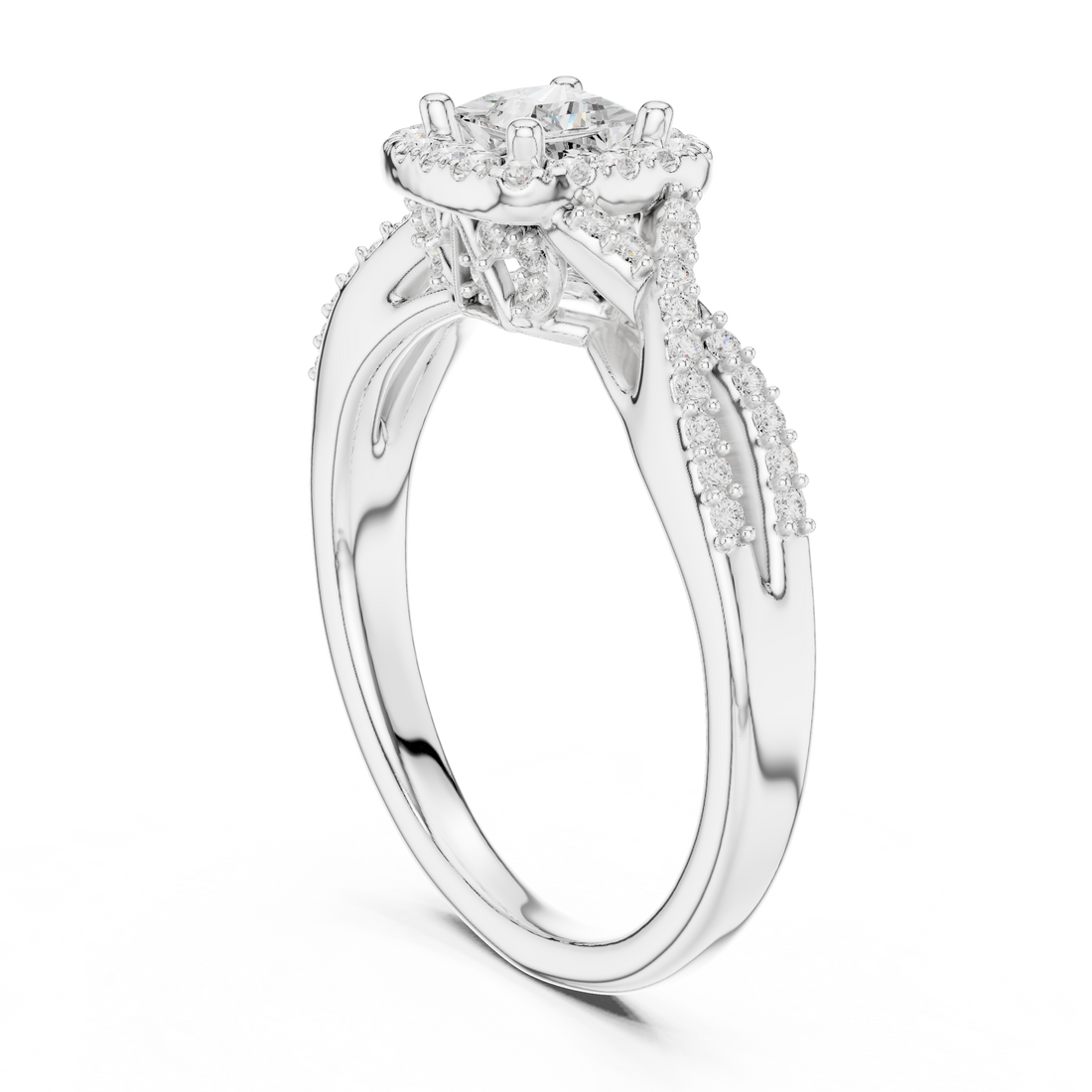 Princess Cut Diamond Halo Engagement Ring with Pavé Split Shank