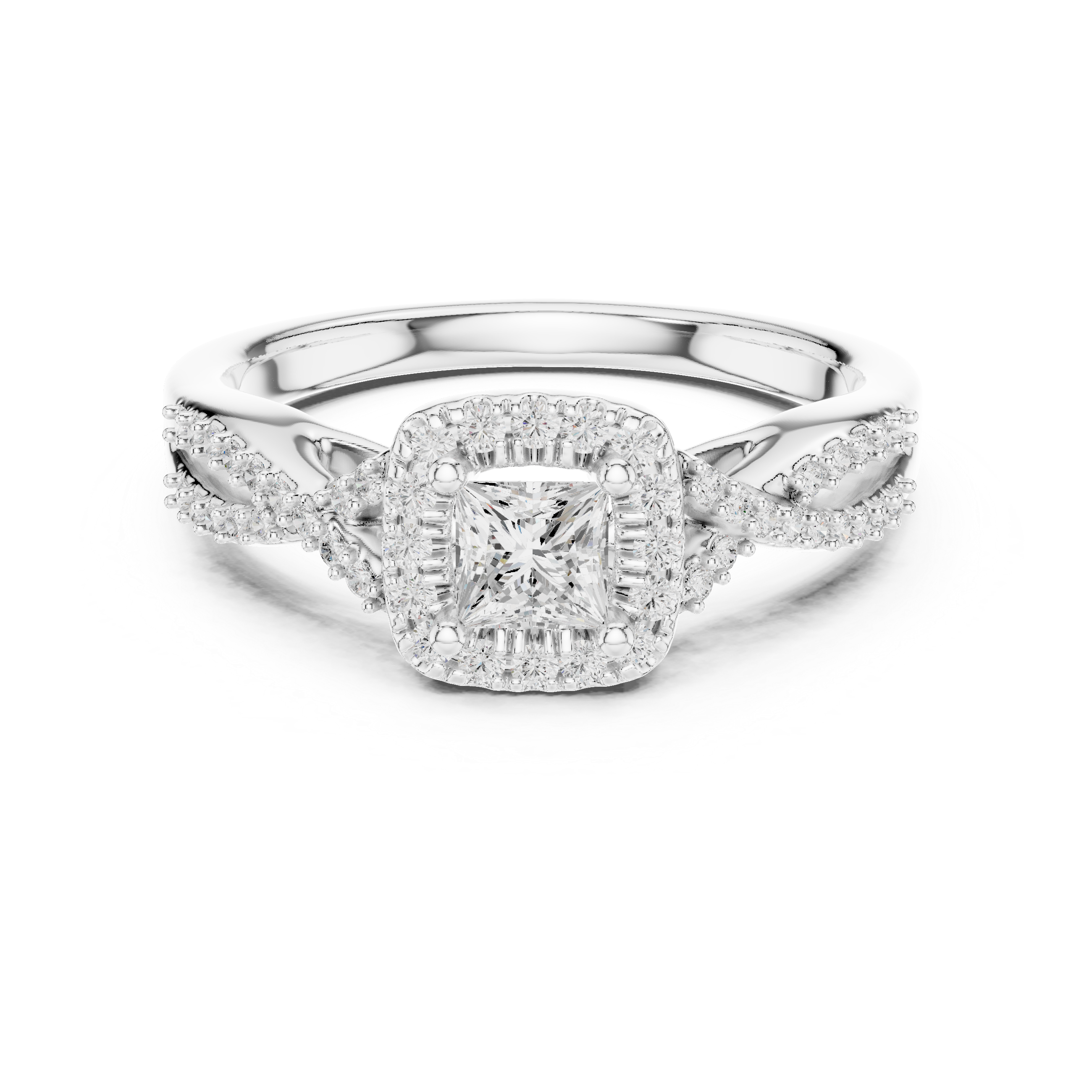 Princess Cut Diamond Halo Engagement Ring with Pavé Split Shank