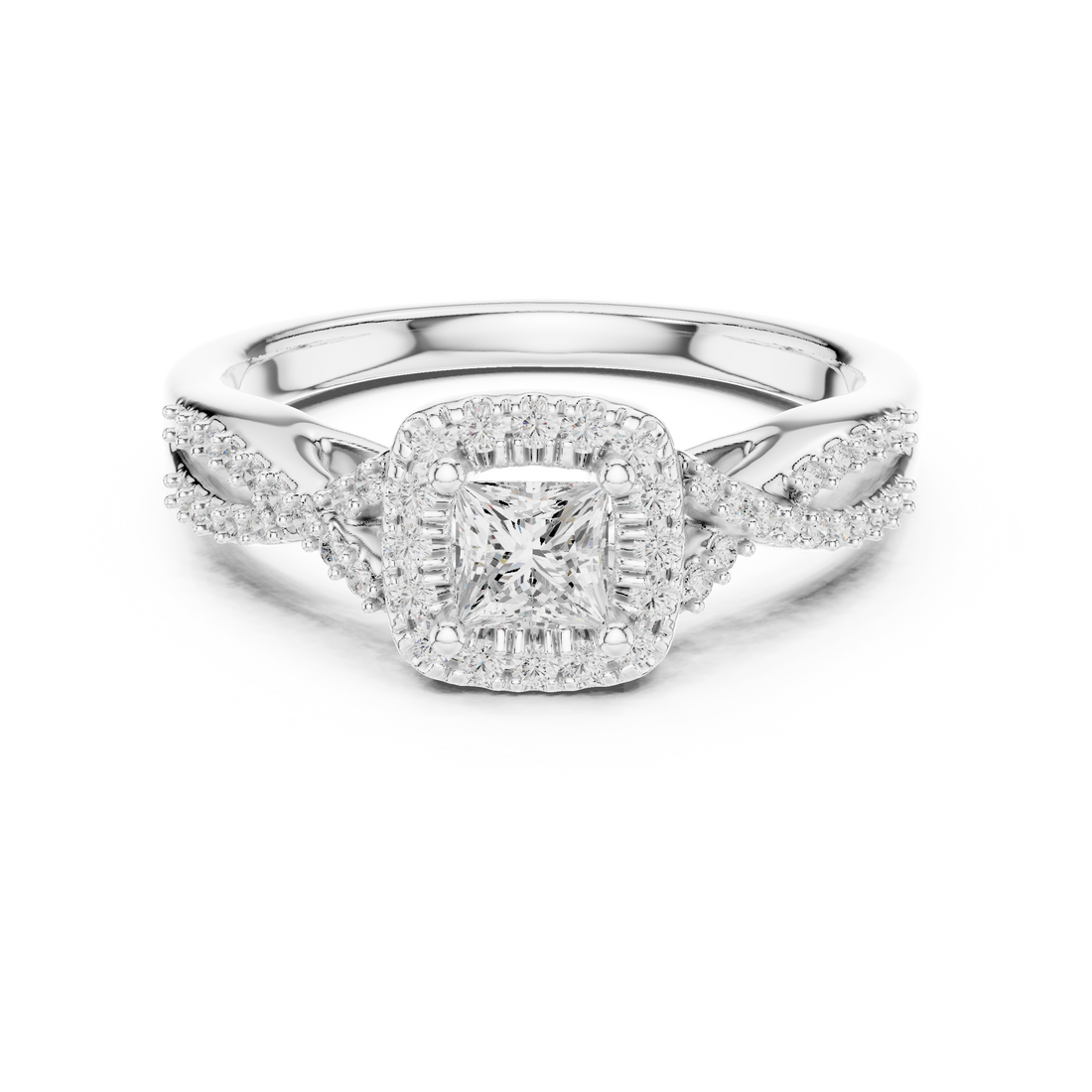 Princess Cut Diamond Halo Engagement Ring with Pavé Split Shank