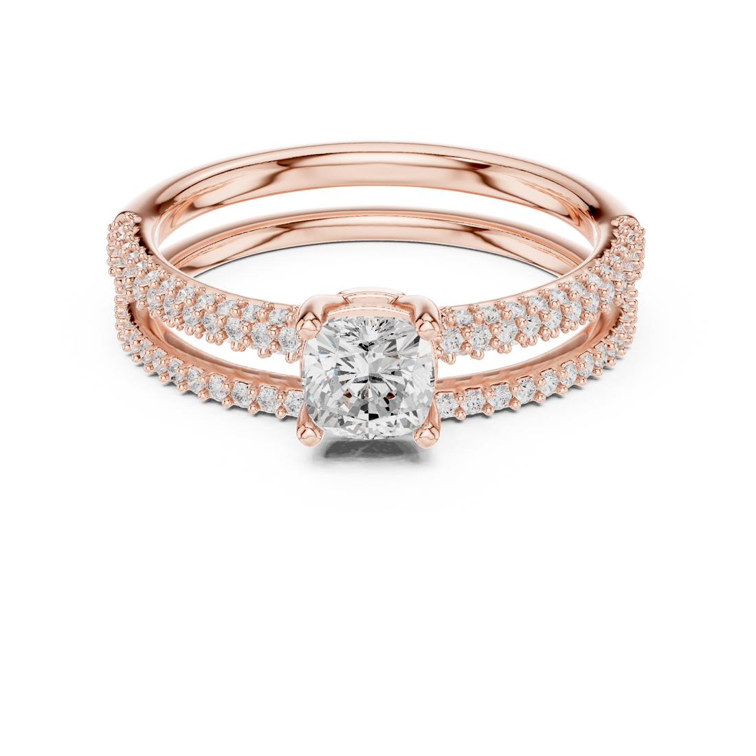 Cushion Cut Diamond Solitaire Split Shank Pavé Engagement Ring