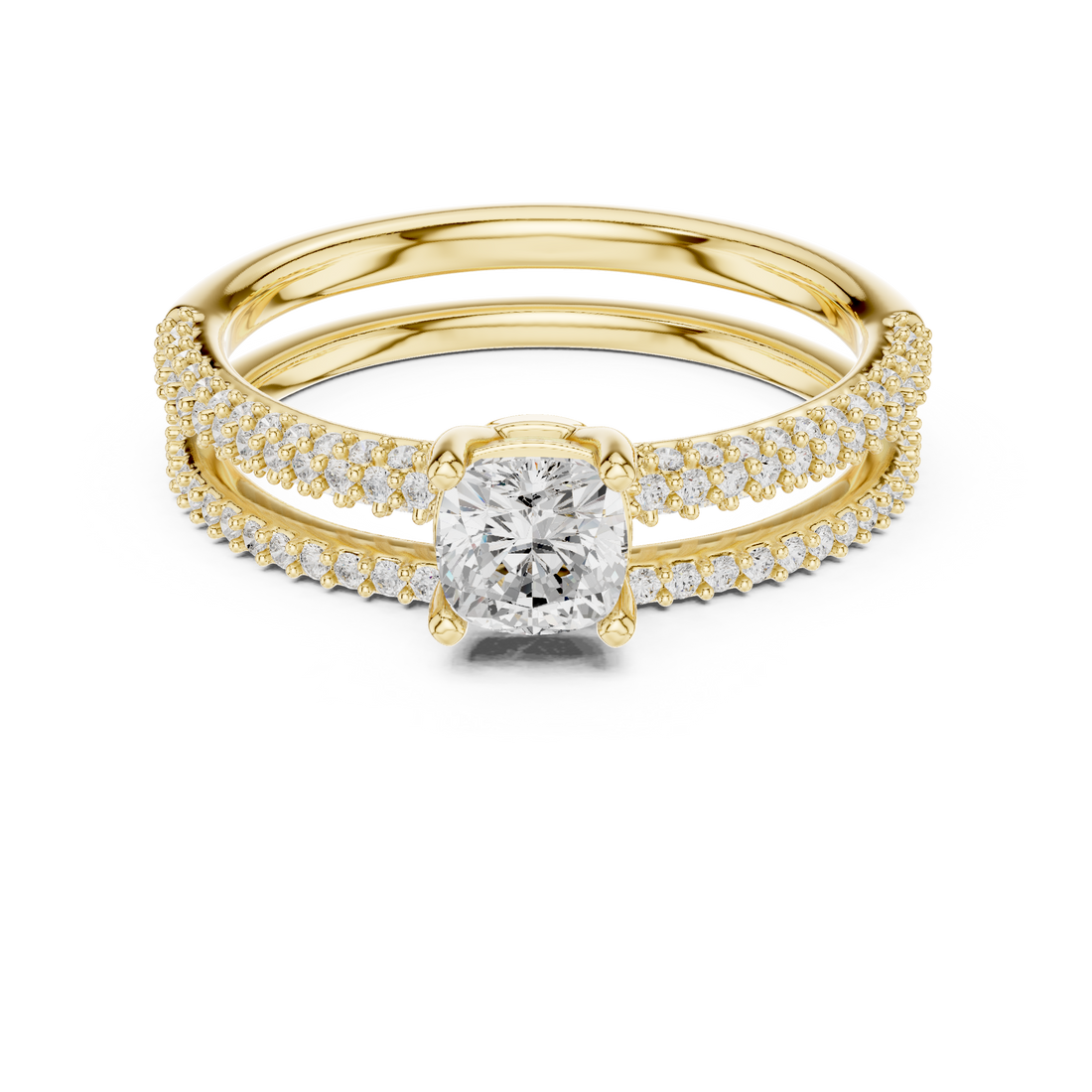 Cushion Cut Diamond Solitaire Split Shank Pavé Engagement Ring