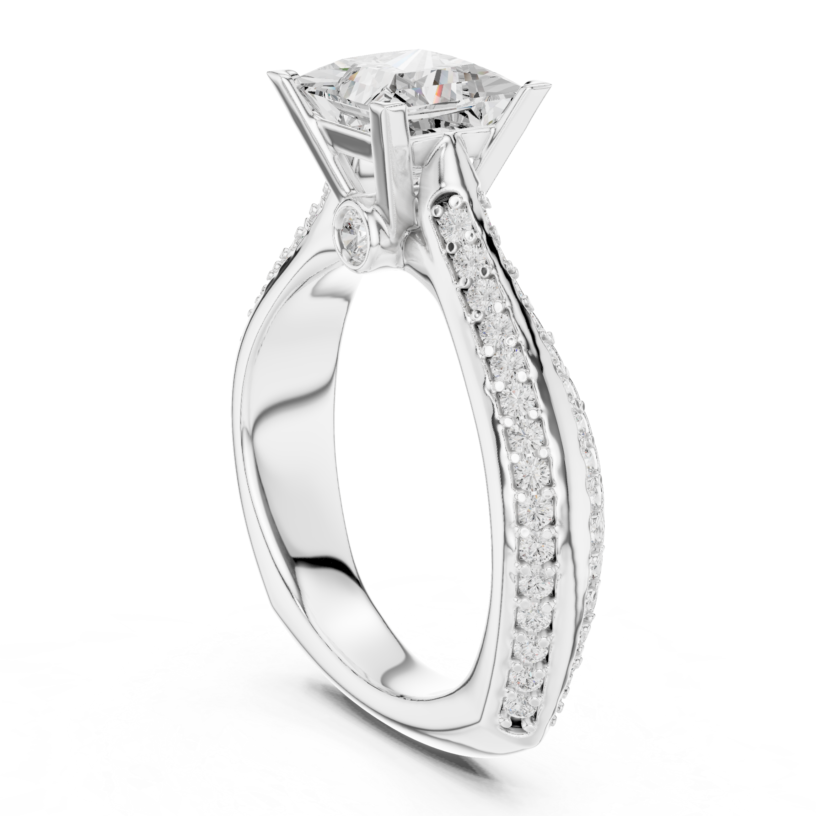 Princess Cut Diamond Solitaire Engagement Ring with Pavé Split Shank Accents