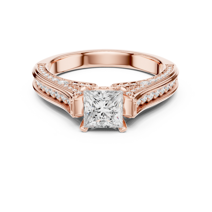 Princess Cut Diamond Solitaire Ring with Pavé Split Shank and Hidden Accent Stones