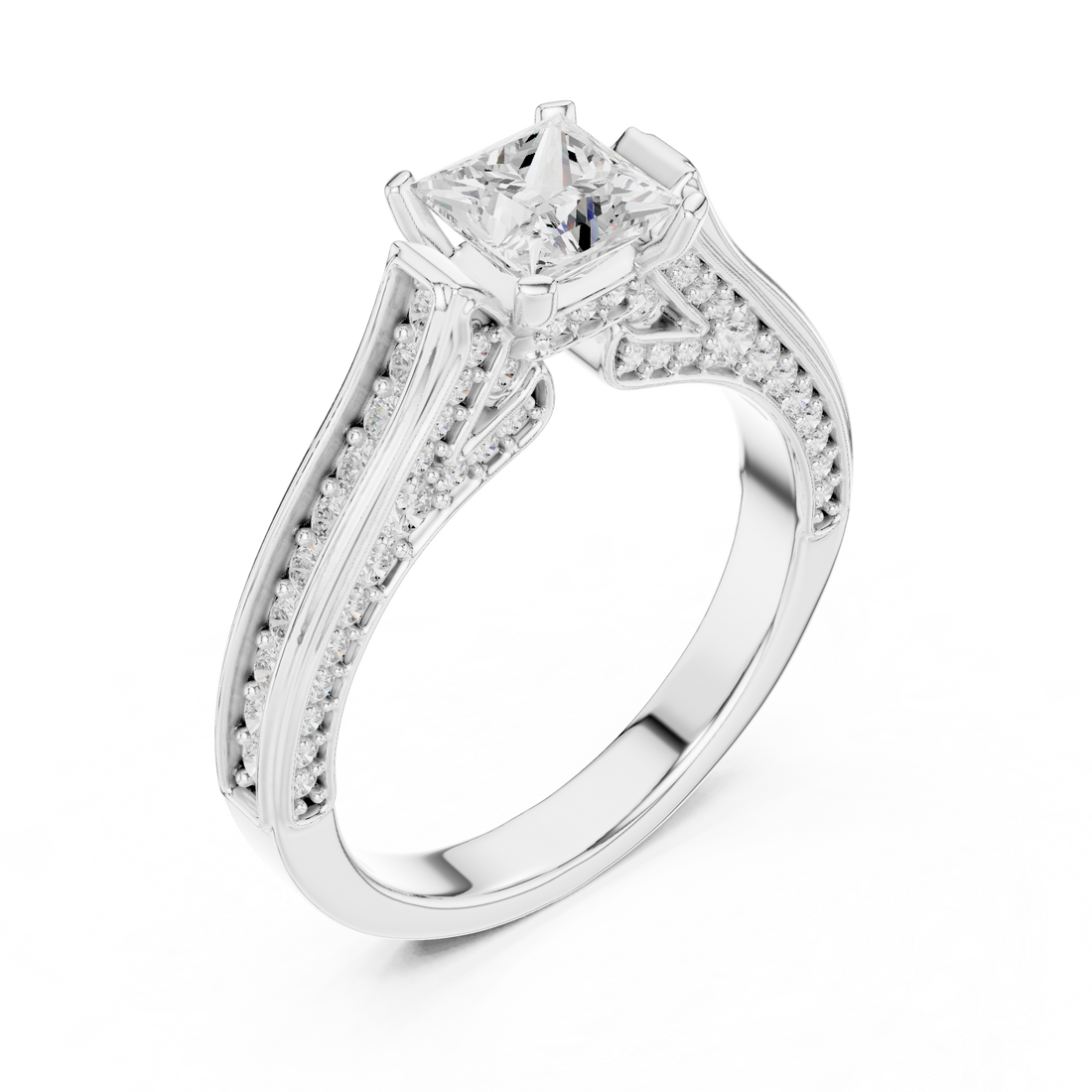 Princess Cut Diamond Solitaire Ring with Pavé Split Shank and Hidden Accent Stones