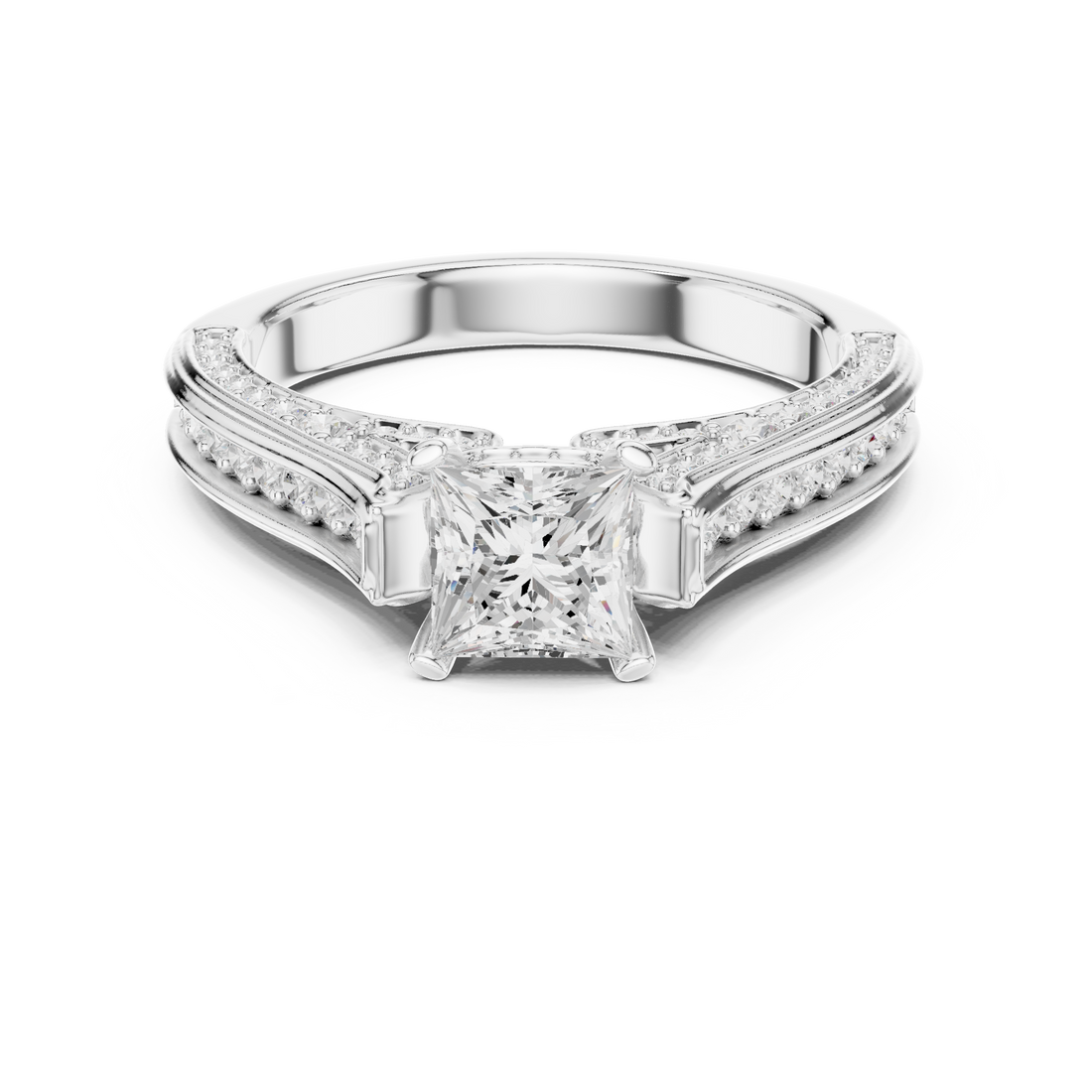 Princess Cut Diamond Solitaire Ring with Pavé Split Shank and Hidden Accent Stones