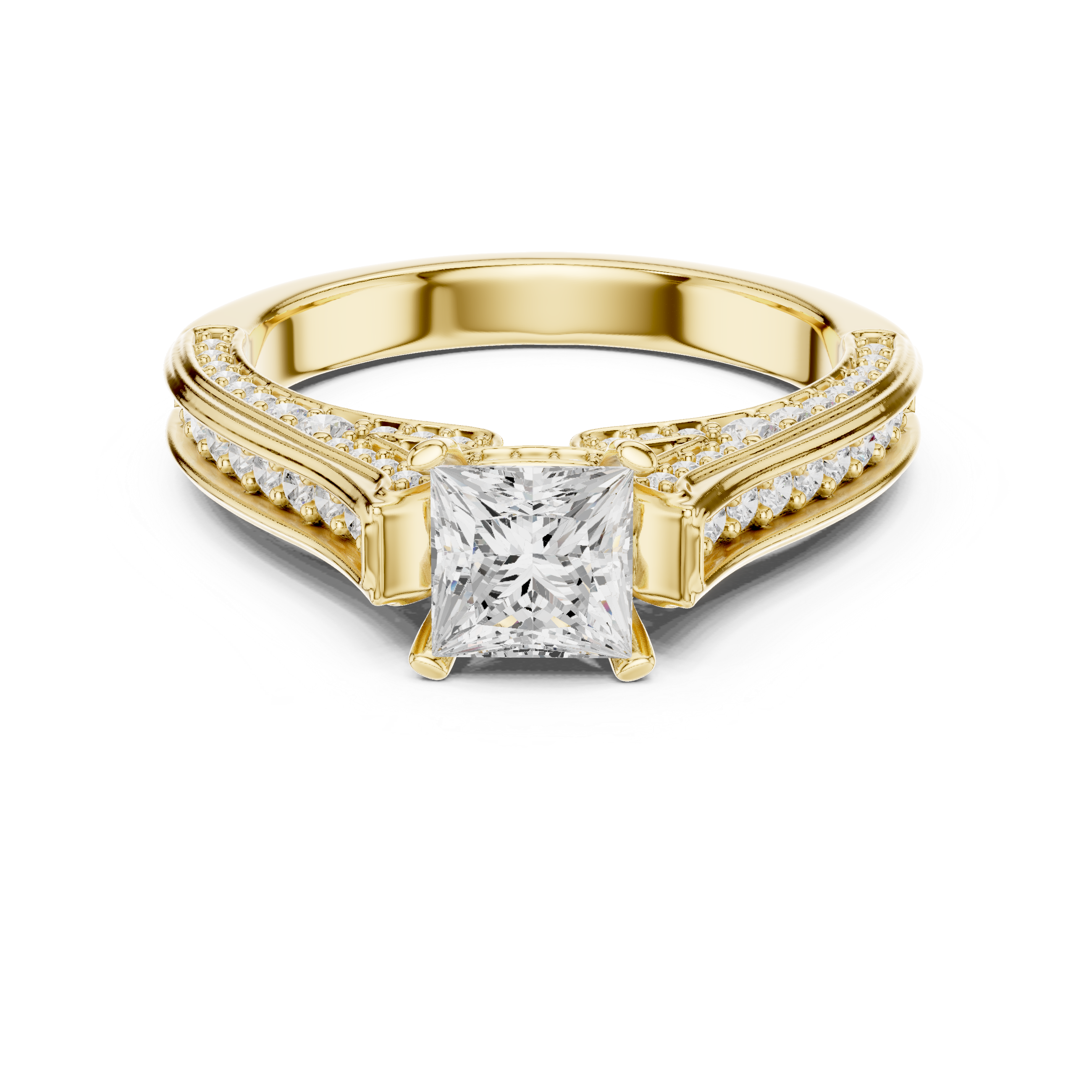 Princess Cut Diamond Solitaire Ring with Pavé Split Shank and Hidden Accent Stones
